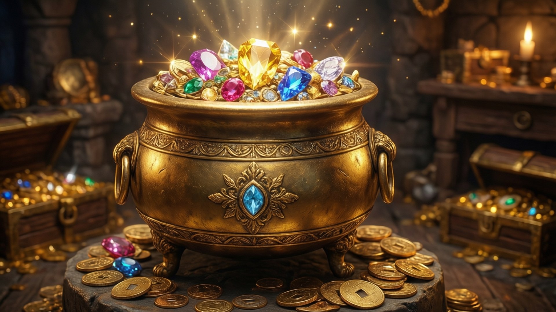 金色大鍋裝滿了色彩繽紛的寶石和硬幣，在一個充滿寶藏的房間裡。