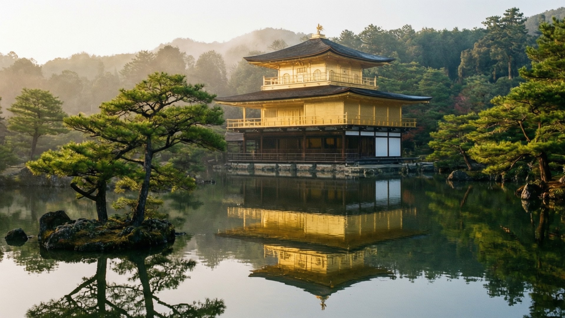 金閣寺倒影 壁紙 — 金色金閣寺在黎明時分，被霧氣籠罩的綠樹環繞的平靜水面上寧靜地倒映著。