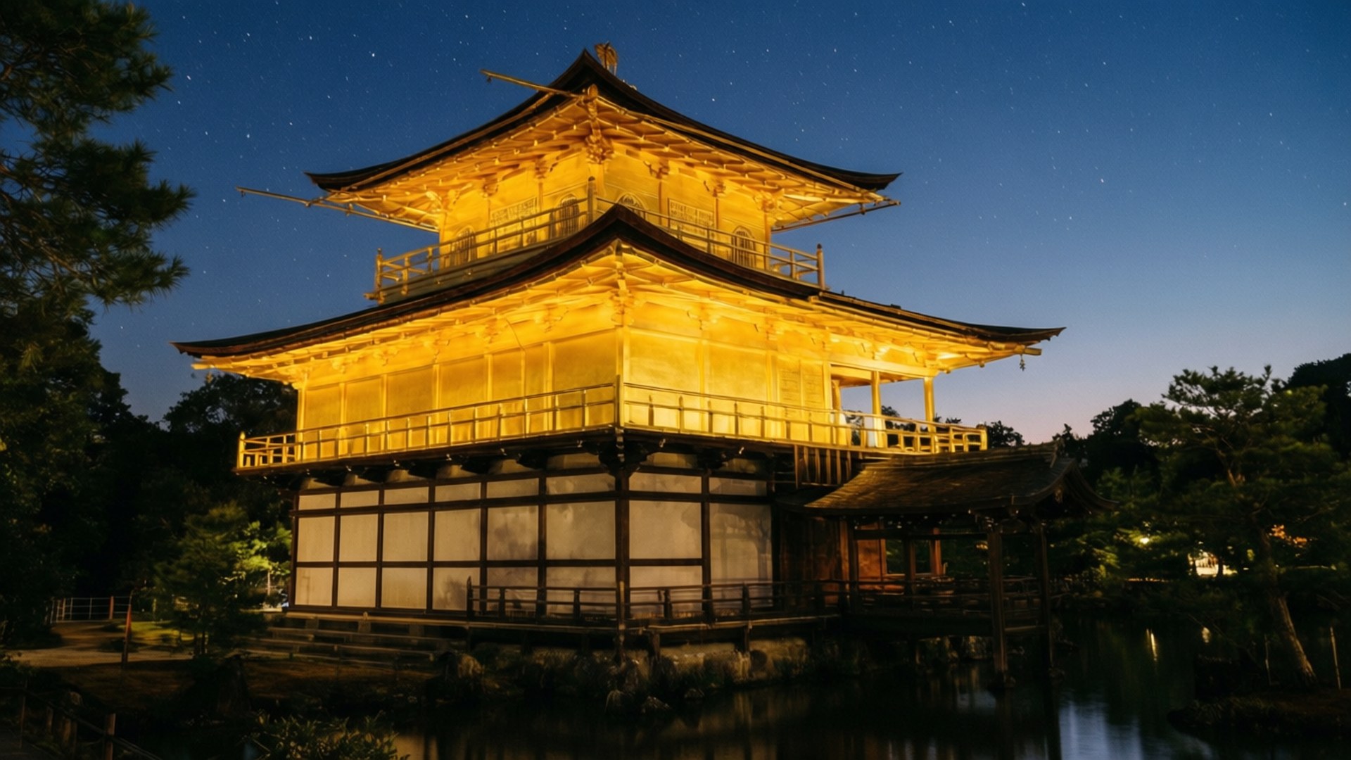 金色寺廟亭閣在夜間亮起，上方有星星，下方有水。