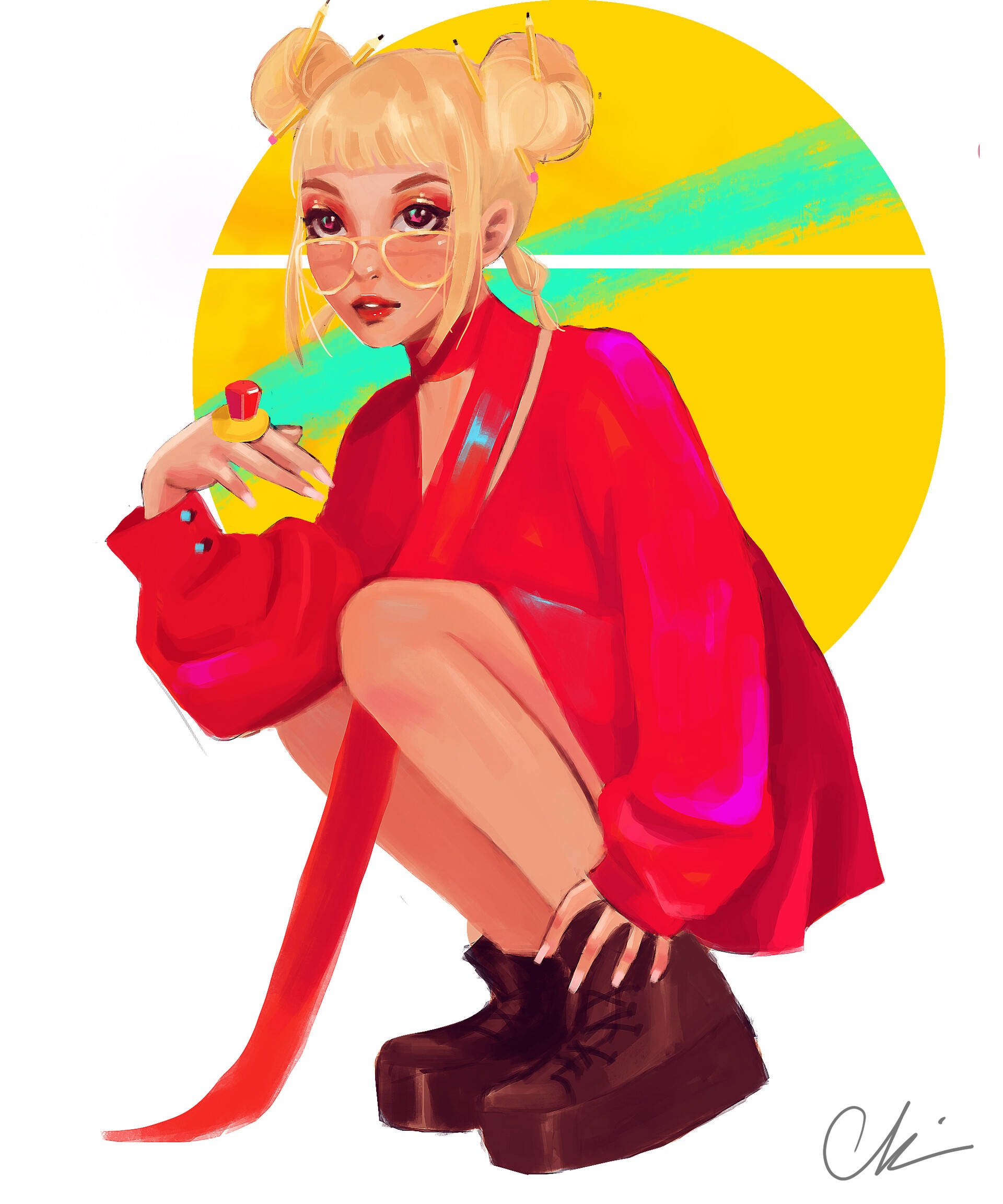 金髮Doja Cat 粉絲藝術 壁紙 — 一個風格化的動漫女孩，金色雙馬尾辮和眼鏡，穿著紅色長袍蹲在充滿活力的黃色和藍綠色圓形背景前。