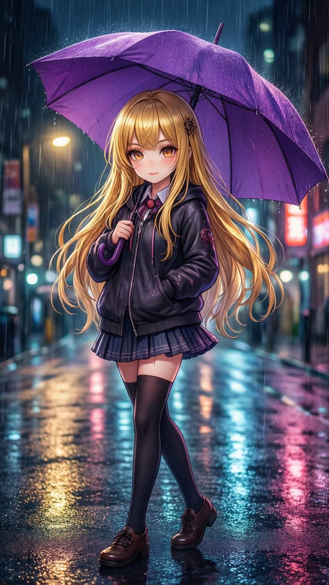 動漫女孩在雨夜霓虹城市中拿著紫色雨傘。