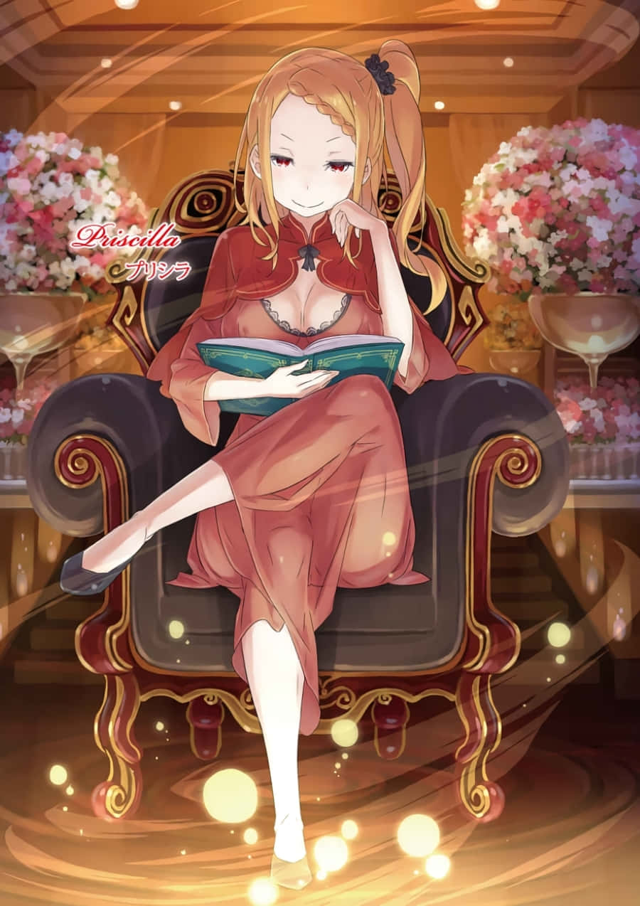 Priscilla Barielle 桌布 壁紙 — 金髮動漫女孩坐在華麗椅子上閱讀書籍，周圍環繞著發光的燈光和花卉佈置。