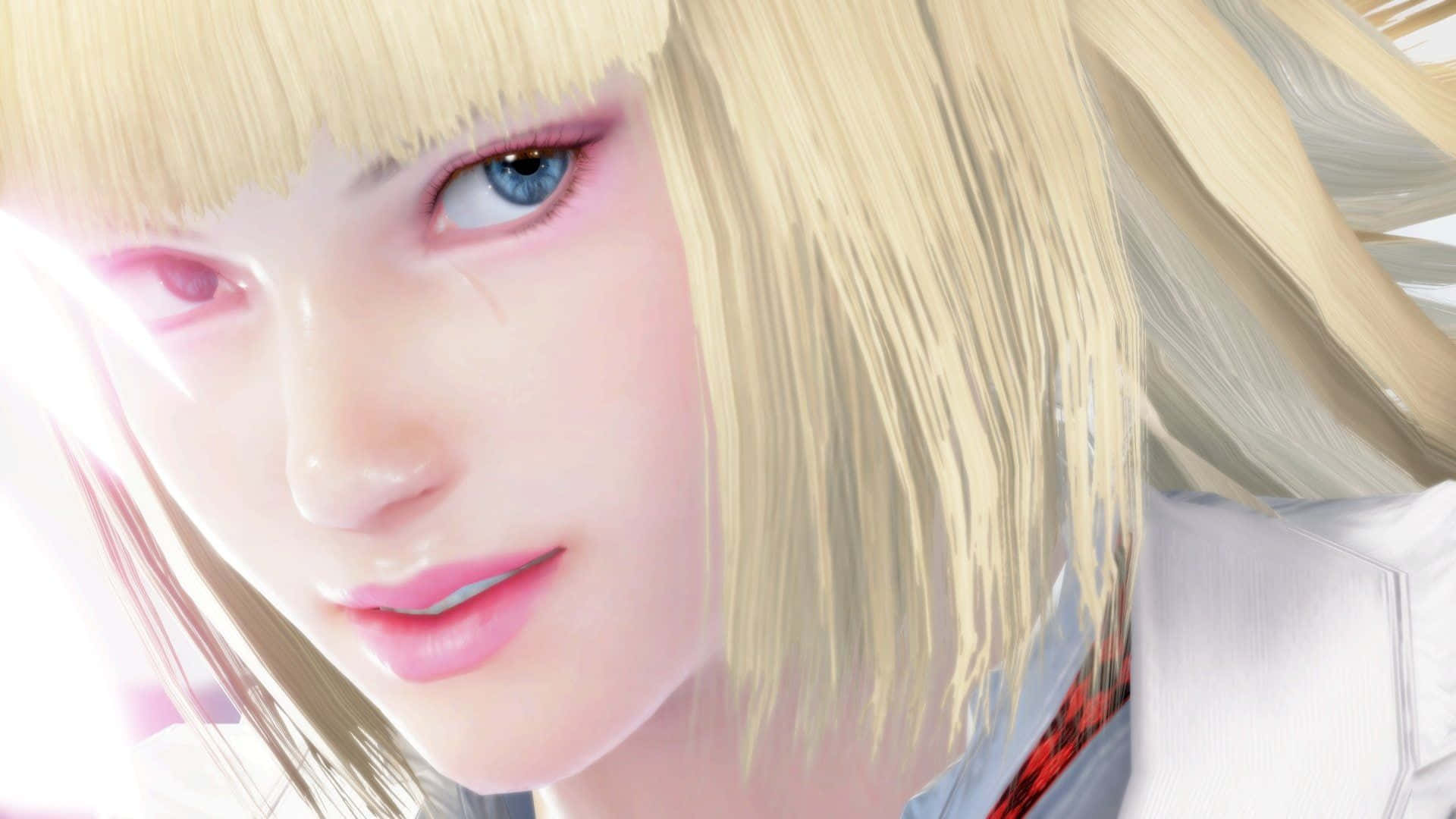 Tekken Characters 桌布 壁紙 — 金髮動漫女孩的特寫，藍色眼睛和粉紅嘴唇，在明亮光線下凝視。