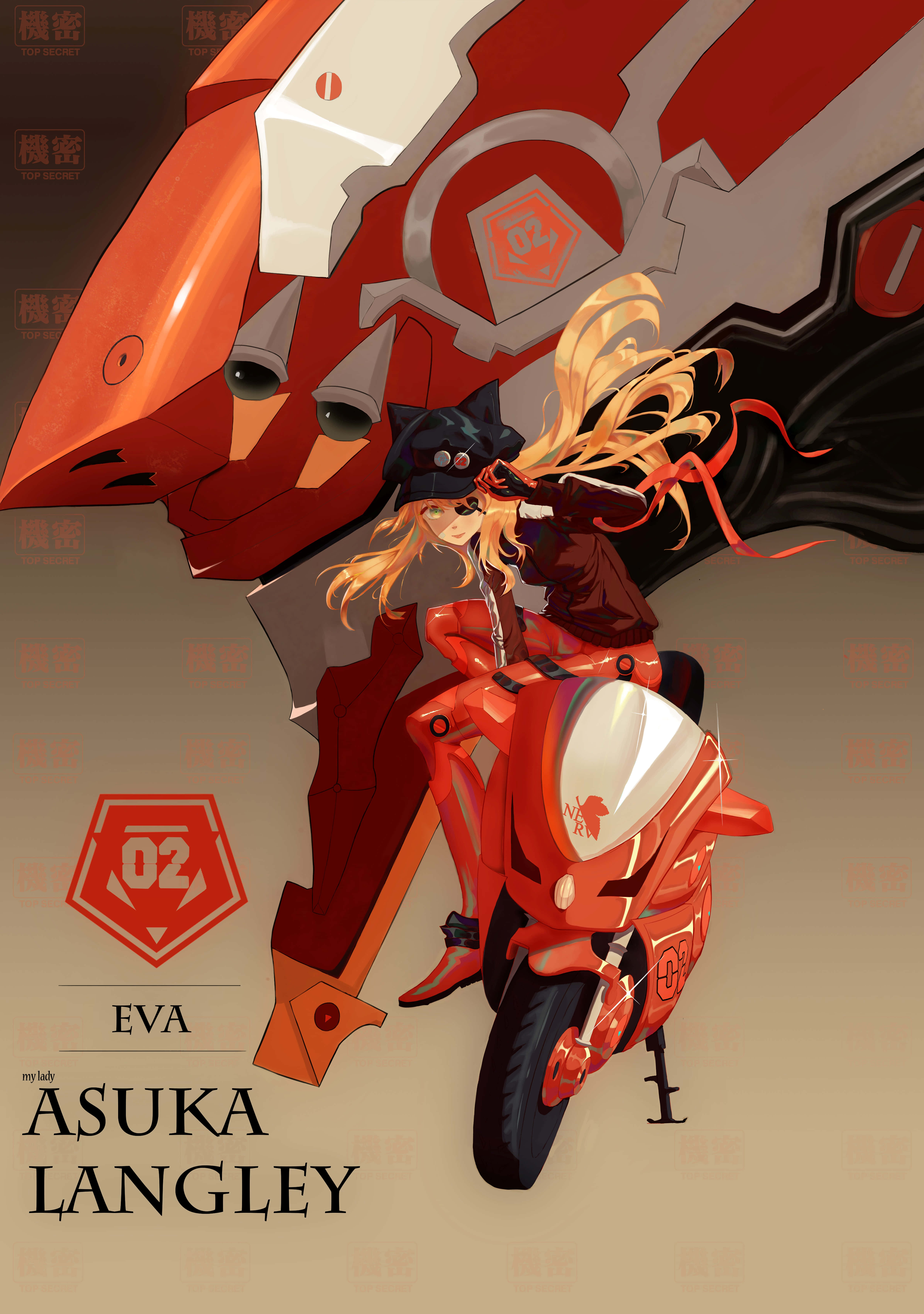 Eva-02 桌布 壁紙 — 金髮動漫女孩騎著紅色電單車，旁邊有一個發光眼睛的巨型紅色機械天使。