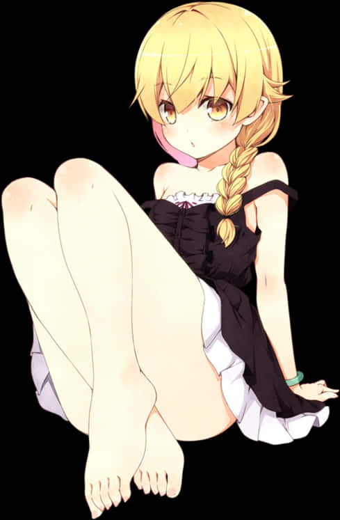 金髮動漫少女坐著穿黑裙 壁紙 — 一個金髮辮子動漫女孩，穿著黑白連衣裙，盤腿坐在黑色背景前。