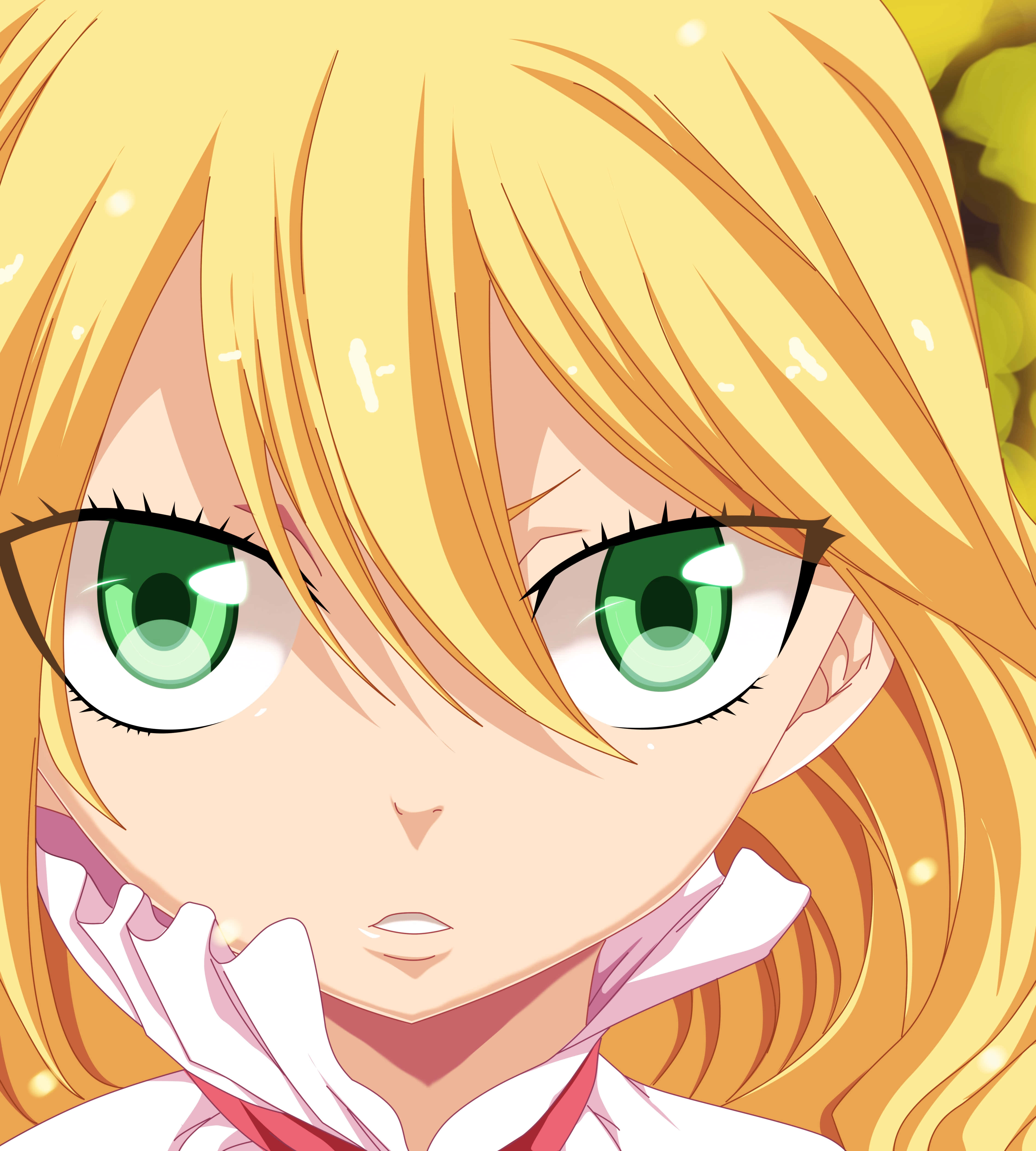 Mavis Vermillion 桌布 壁紙 — 金髮動漫少女的特寫，擁有充滿活力的綠色眼睛和驚訝的表情。