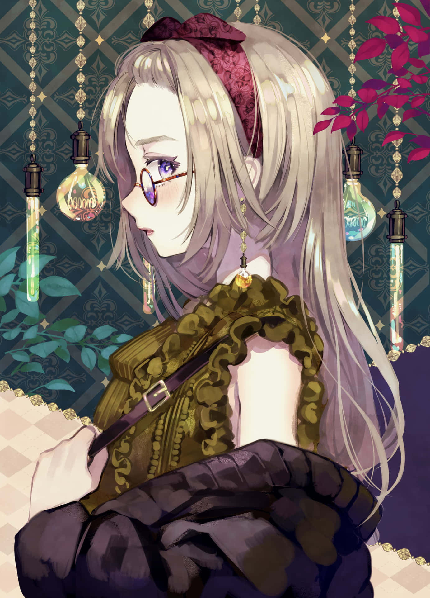 銀色頭髮和眼鏡的動漫女孩，在一個有懸掛玻璃燈泡的復古房間裡。