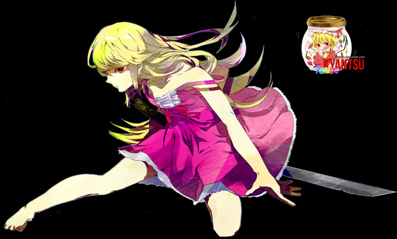 金髮動漫角色動態姿勢 壁紙 — 一個充滿動感的動漫女孩，金髮紅眼，身穿洋紅色連衣裙，在黑色背景前向前衝刺。