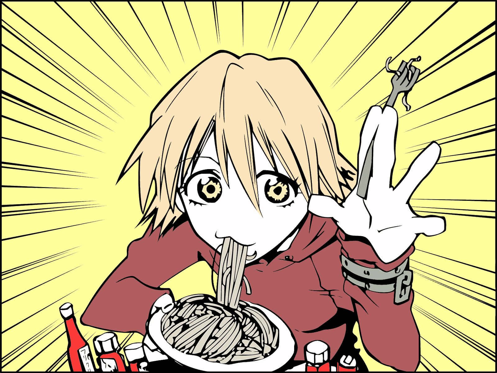 Haruko Haruhara 桌布 壁紙 — 金髮動漫角色在黃色放射背景前，用筷子熱情地吃意大利麵。