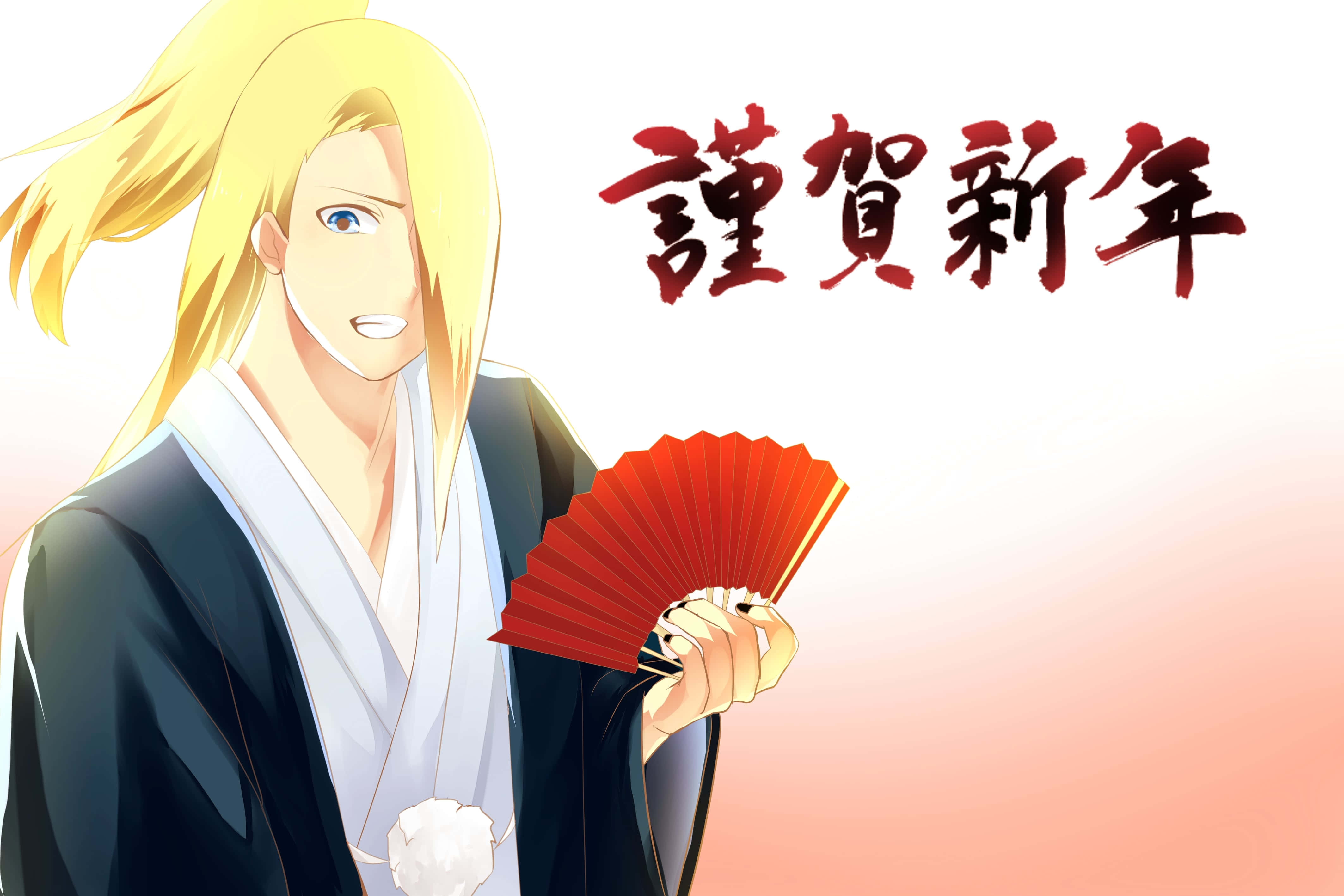 Akatsuki X Deidara 桌布 壁紙 — 金髮動漫角色穿著傳統長袍，在柔和的漸變背景上手持紅色扇子，背景有紅色日本新年書法。
