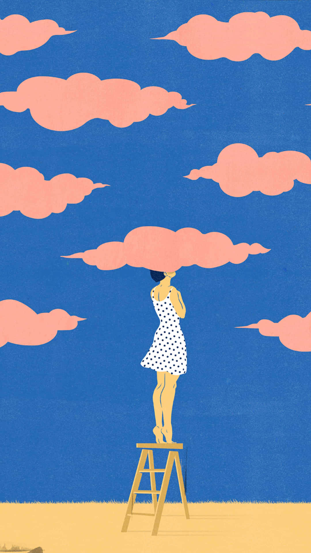 身穿波點裙的女子站在梯子上，在粉紅雲朵下，以藍天為背景。