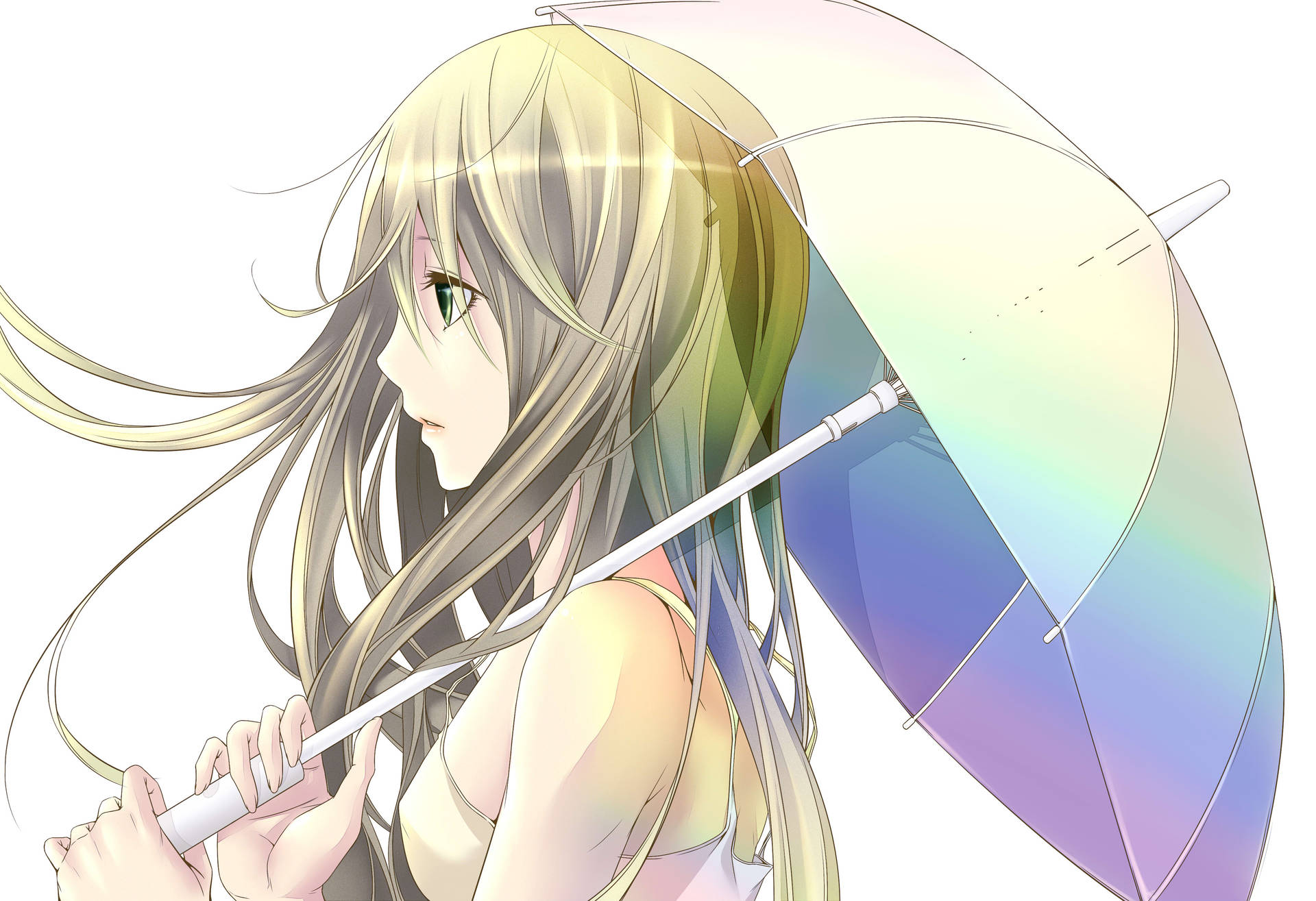 動漫女孩留著金色長髮，撐著彩虹傘。