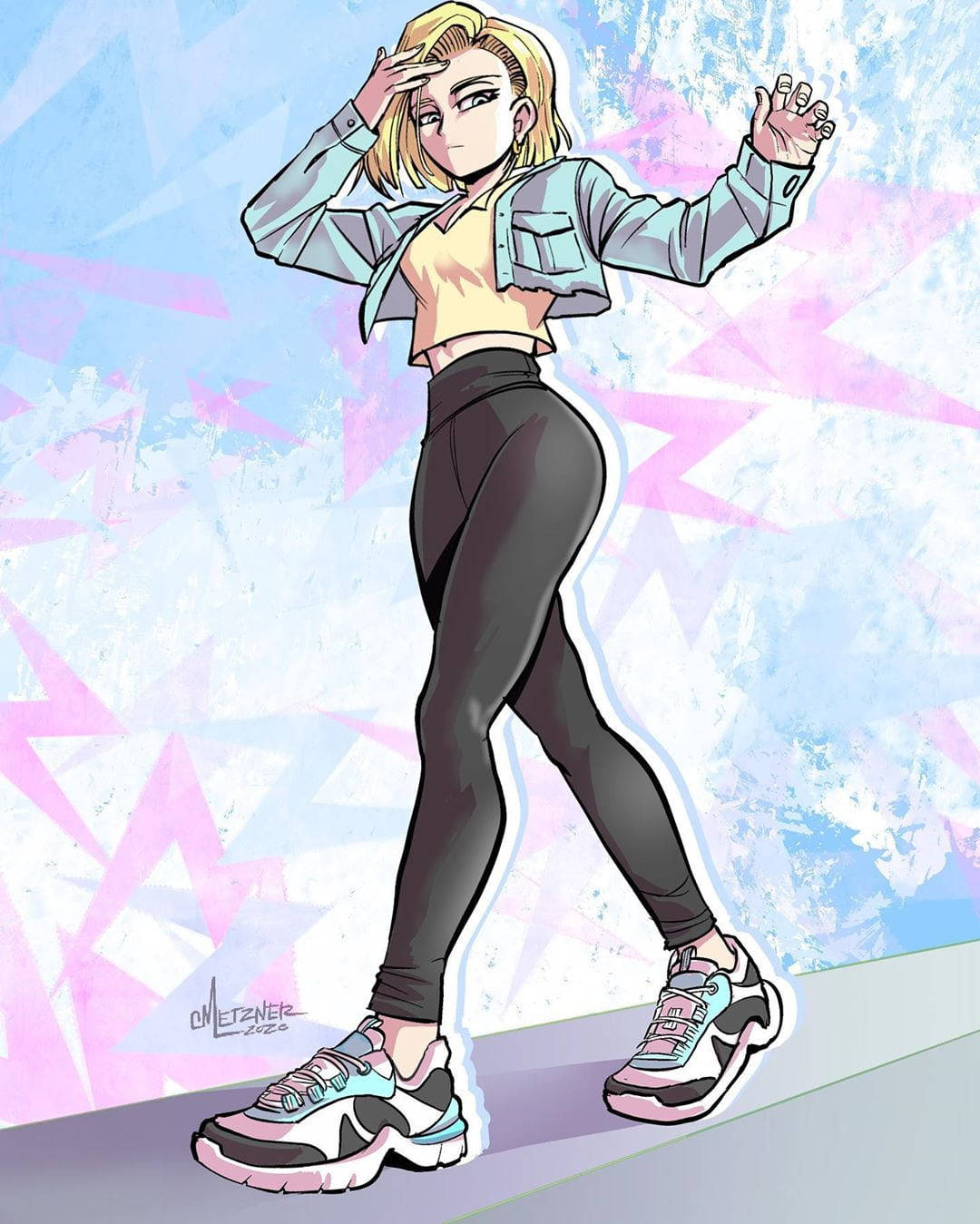 金髮性感藝術風 壁紙 — 一個風格化的動漫女孩，金髮，穿著運動服，在充滿活力的抽象背景前擺出自信的姿勢。
