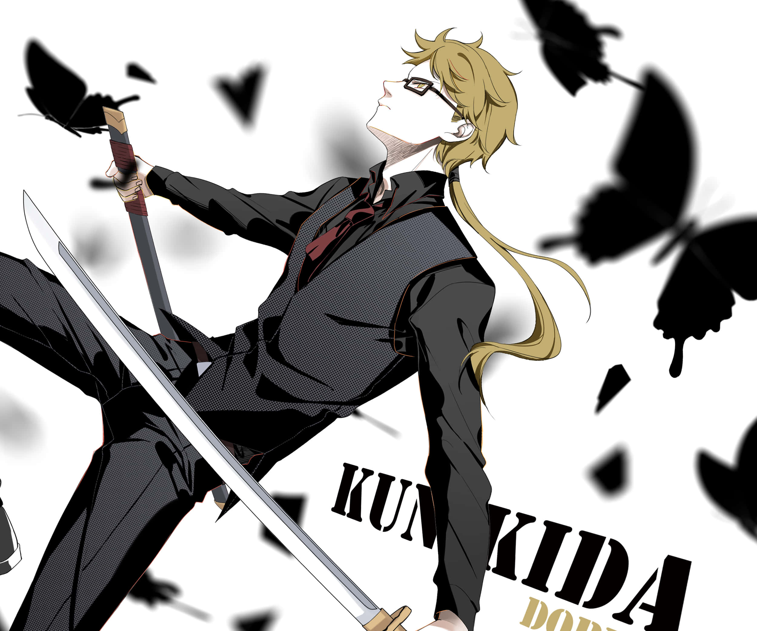 Kunikida 桌布 壁紙 — 金髮戴眼鏡的動漫角色在純白背景上，於黑色蝴蝶剪影中揮舞著劍。