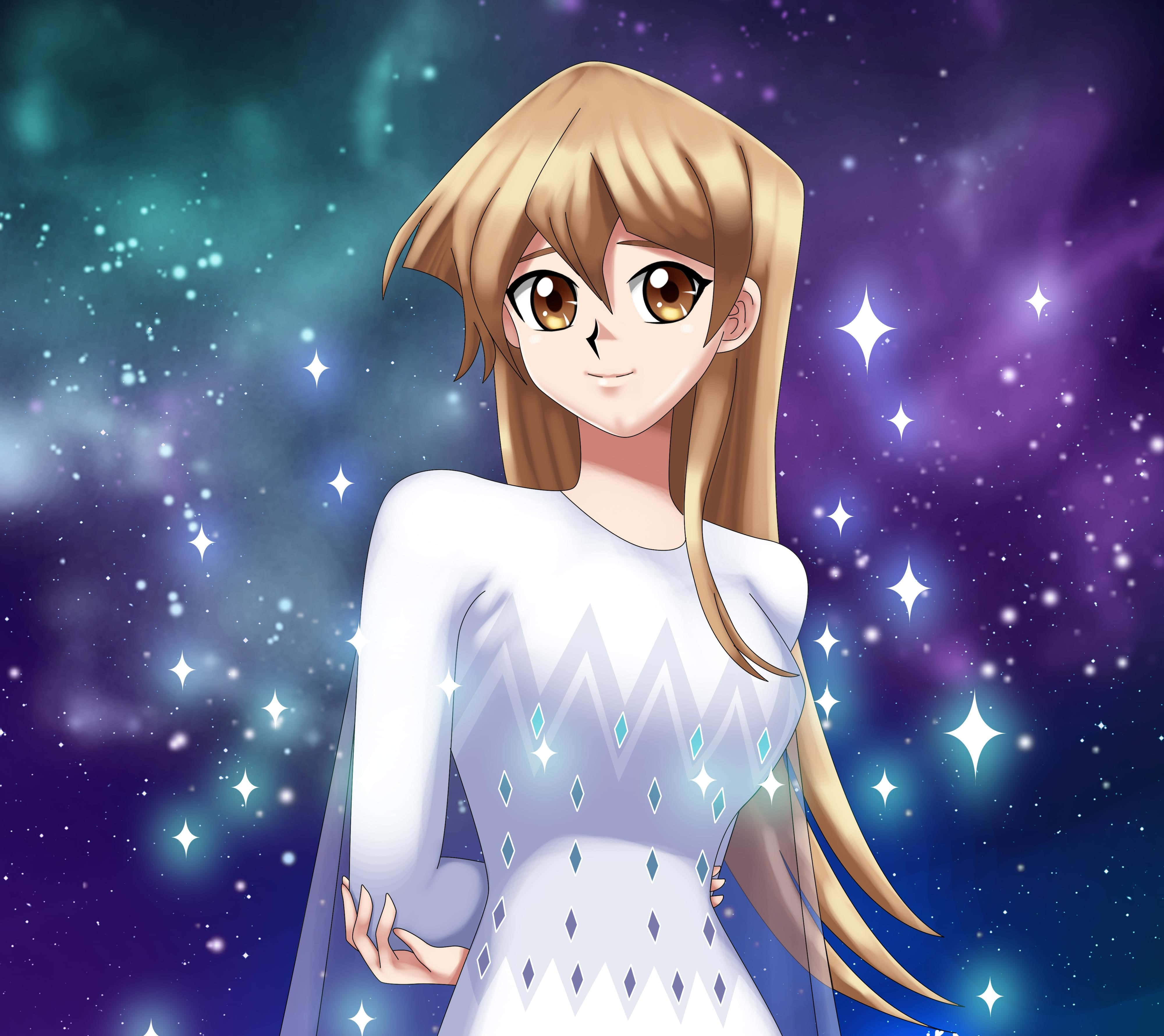 Alexis Rhodes 桌布 壁紙 — 金髮棕眼動漫女孩在充滿活力的宇宙星空背景下溫柔微笑。