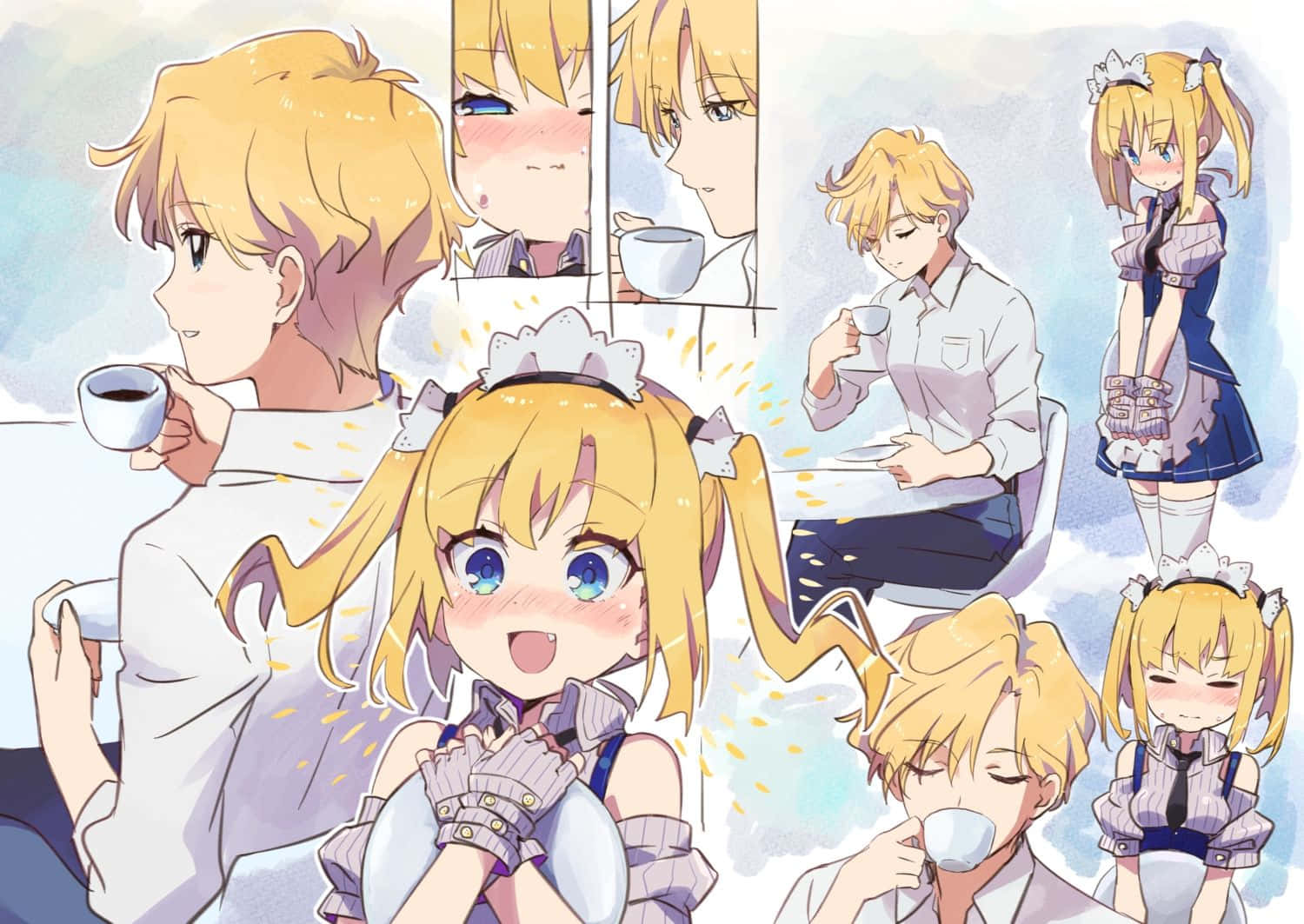 Sailor Uranus 桌布 壁紙 — 金髮的動漫角色在明亮通風的咖啡館中享用茶，背景柔和粉彩。