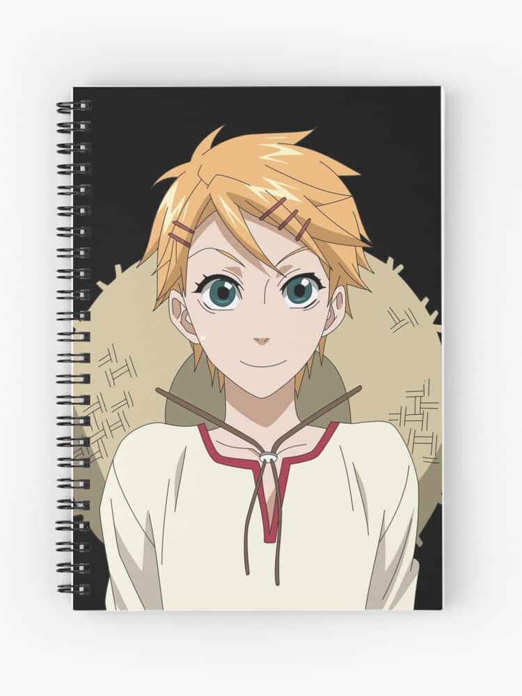 Finnian 桌布 壁紙 — 金髮碧眼的動漫角色在帶有圖案米色圓圈的深色背景前溫柔微笑。