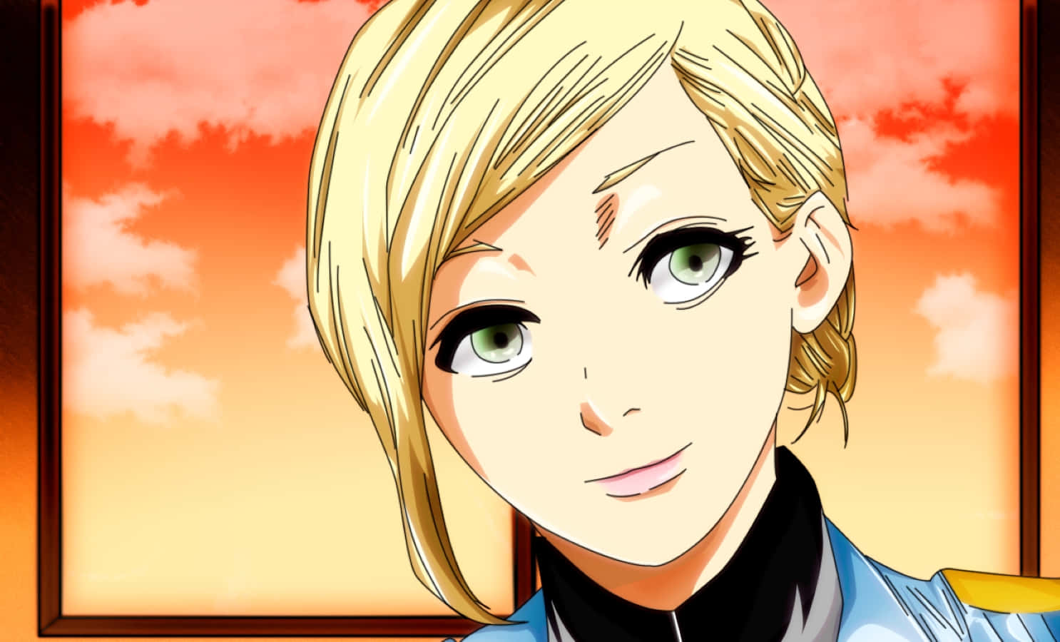 Akira Mado 桌布 壁紙 — 金髮碧眼的動畫女孩在窗框映襯的溫暖夕陽天空下溫柔微笑。