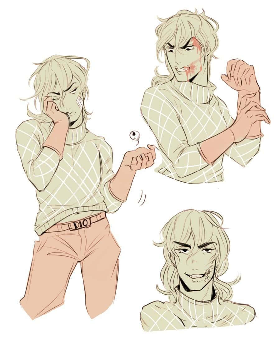 Diego Brando 桌布 壁紙 — 金髮穿著格仔毛衣的動漫角色，以三種姿勢展示傷勢和一個漂浮的眼球。