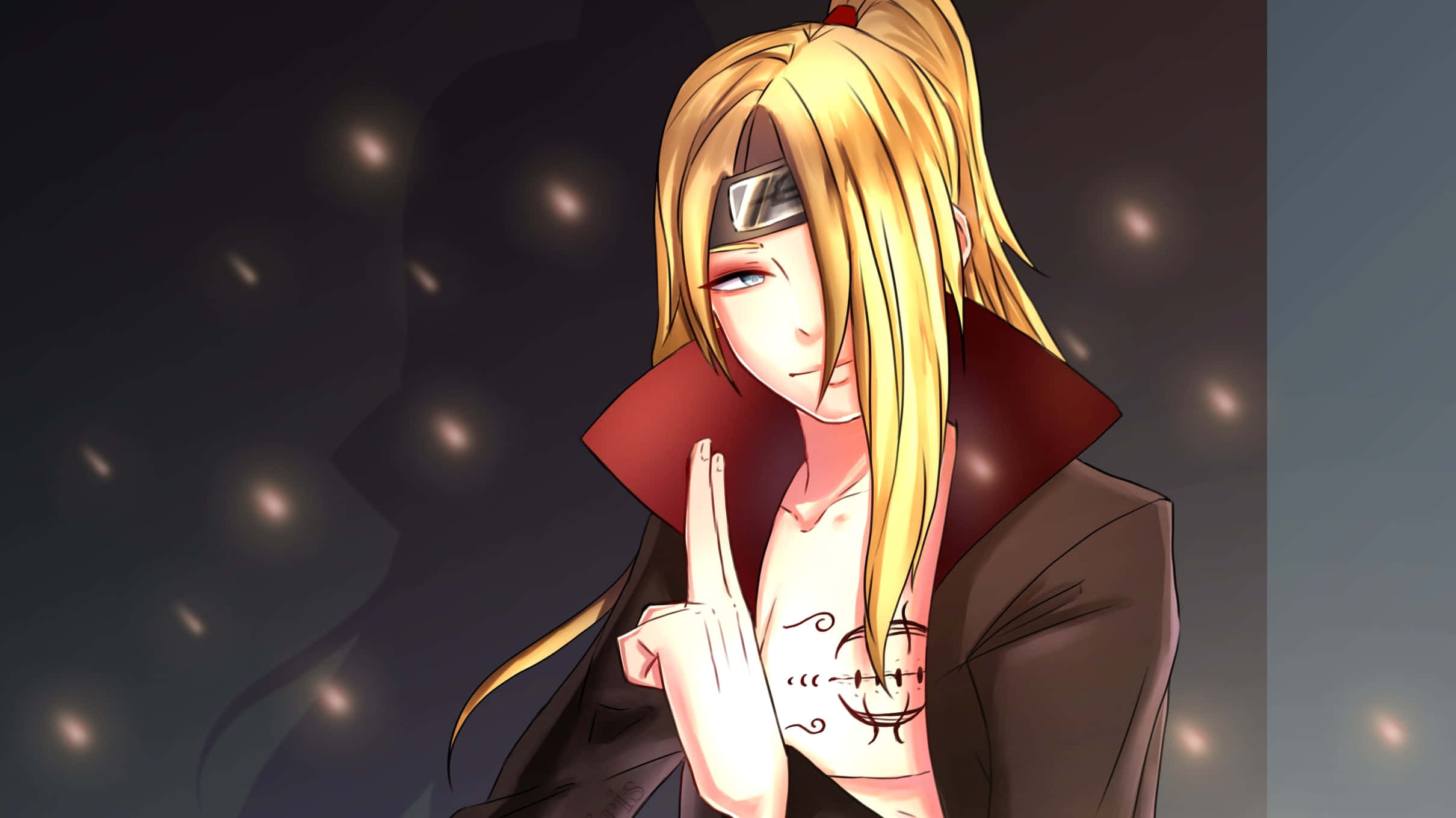 Akatsuki X Deidara 桌布 壁紙 — 金髮紅斗篷的動漫角色在黑暗星空背景下結手印。