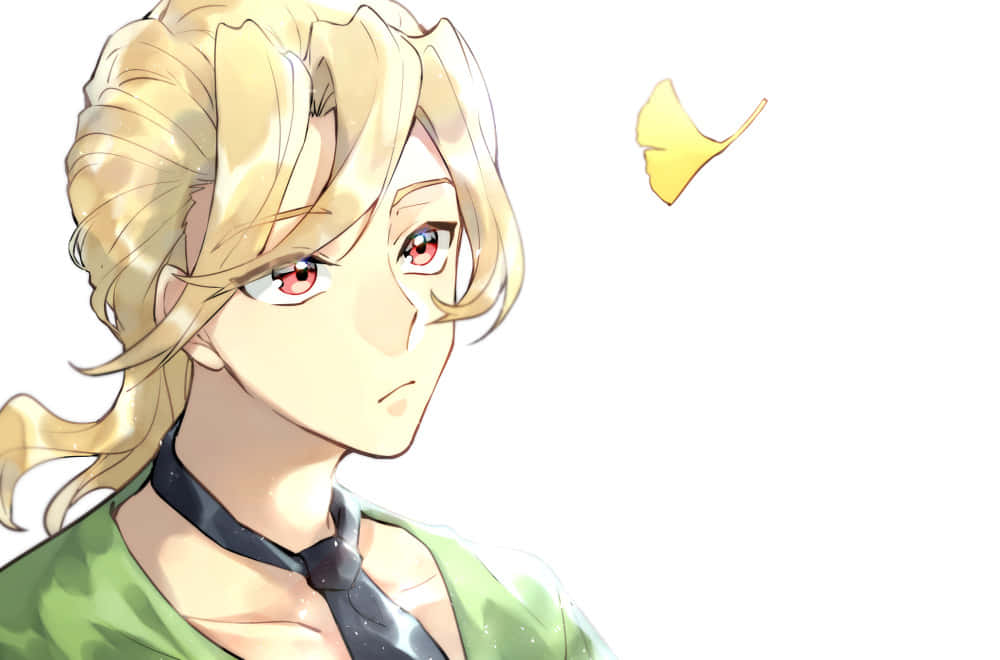 Pannacotta Fugo 桌布 壁紙 — 金髮紅眼動漫少女若有所思地凝視著一片黃色銀杏葉飄過她的肩膀。