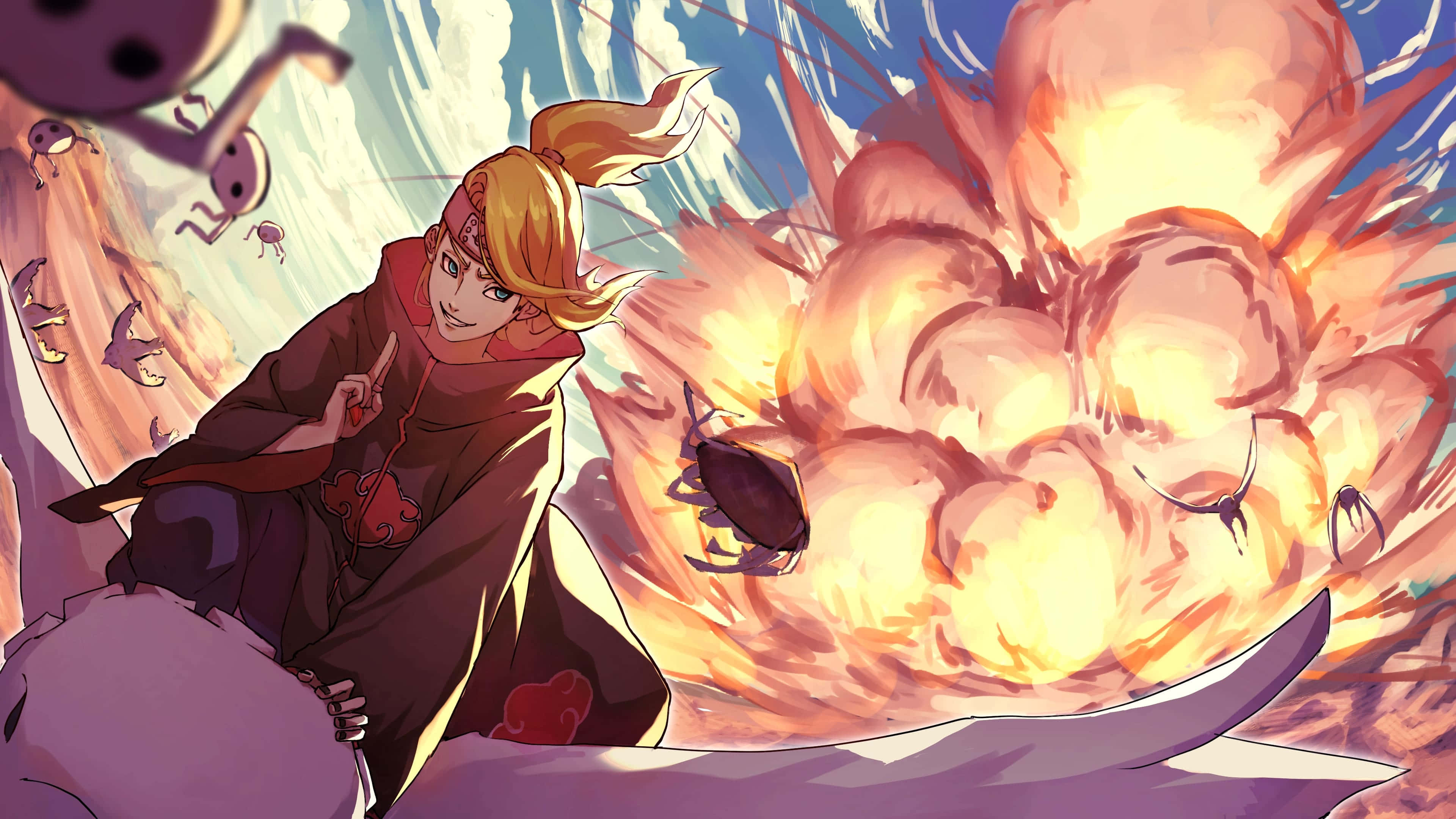 Akatsuki X Deidara 桌布 壁紙 — 金髮紅袍的動漫角色自信地站立，身後爆發巨大的火焰爆炸。