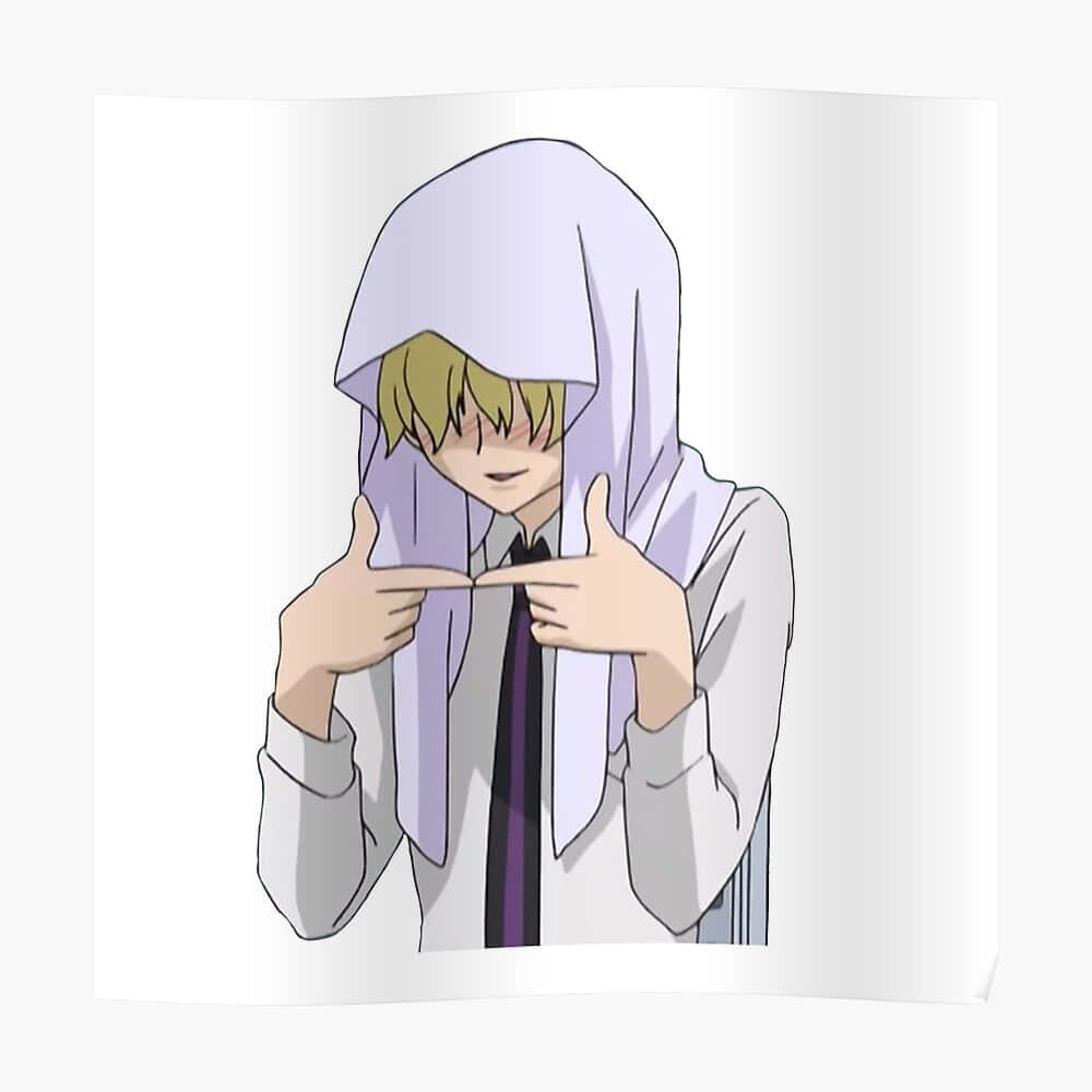 Tamaki Suoh 桌布 壁紙 — 金髮紫帽衫動漫男孩雙手指向領帶，背景為純白色。