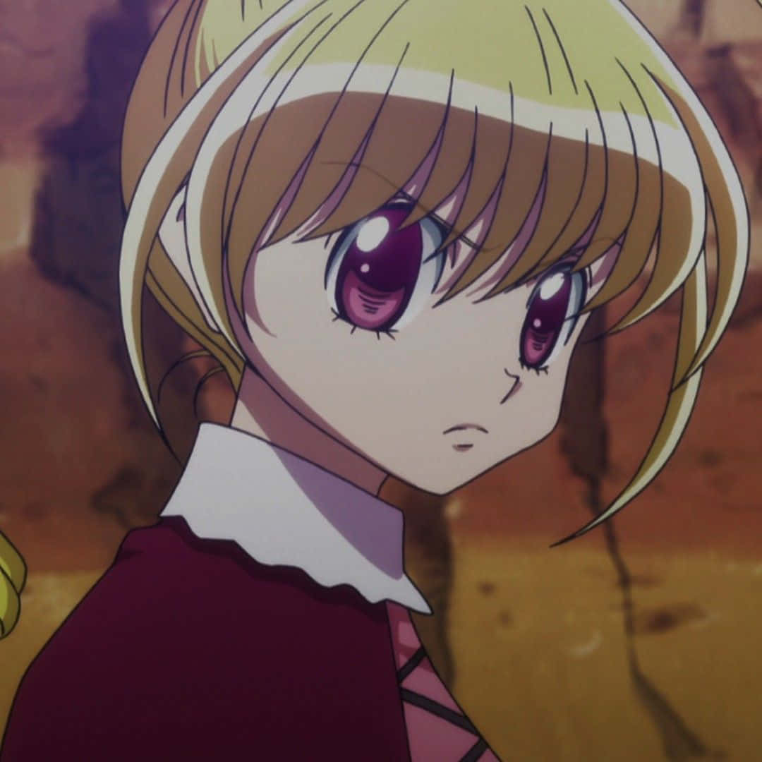 Hunter X Hunter Bisky 桌布 壁紙 — 金髮紫眼動漫少女身穿白色領紅色連衣裙的特寫。