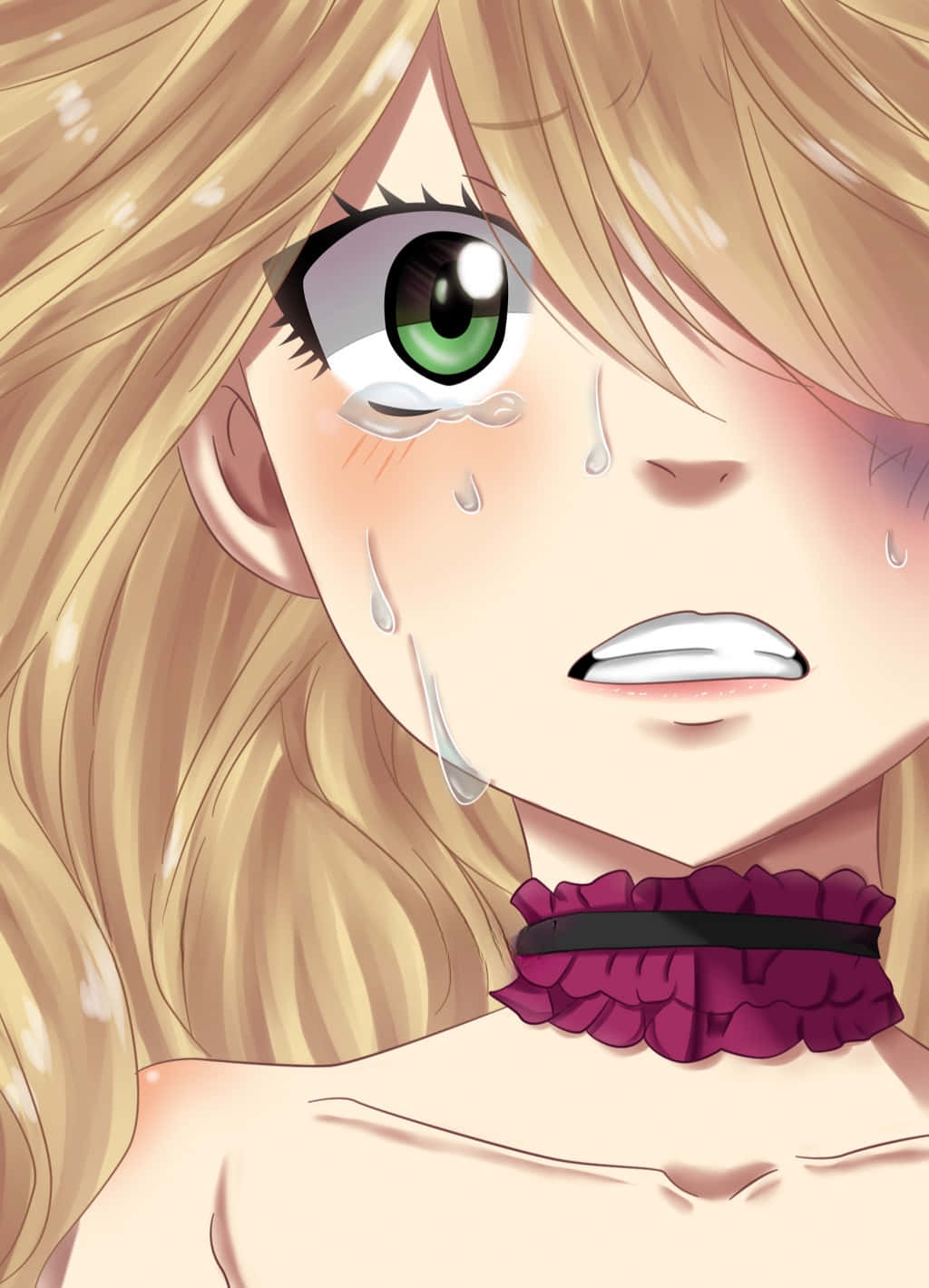 Mavis Vermillion 桌布 壁紙 — 金髮綠眼動漫少女嘅特寫，佢戴住紫色荷葉邊頸鏈，眼淚流落面。