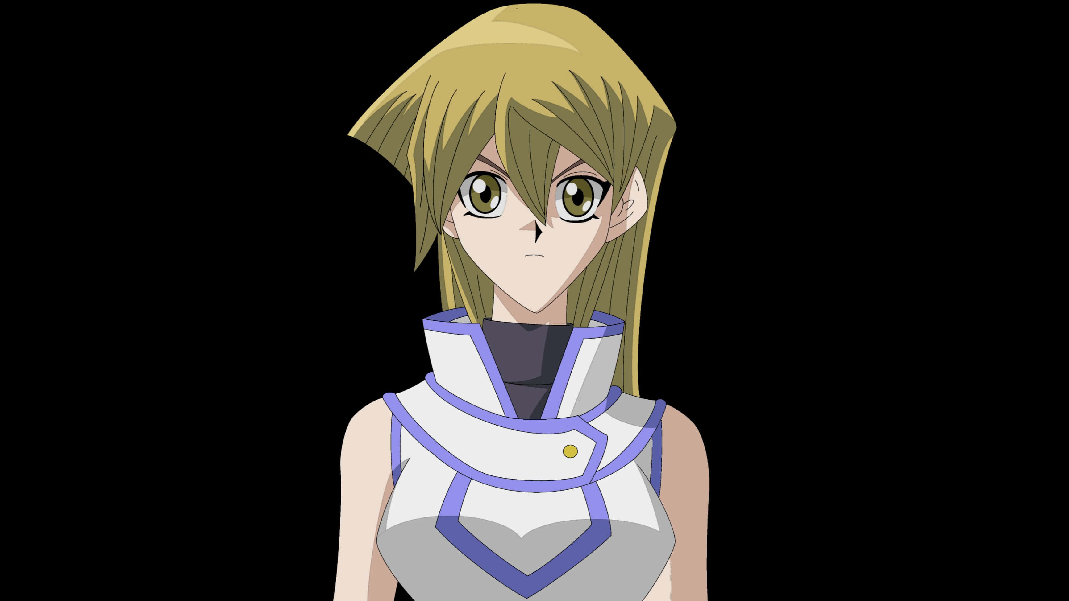 Alexis Rhodes 桌布 壁紙 — 金髮綠眼動漫角色穿著白色和紫色裝甲上衣，背景為黑色。
