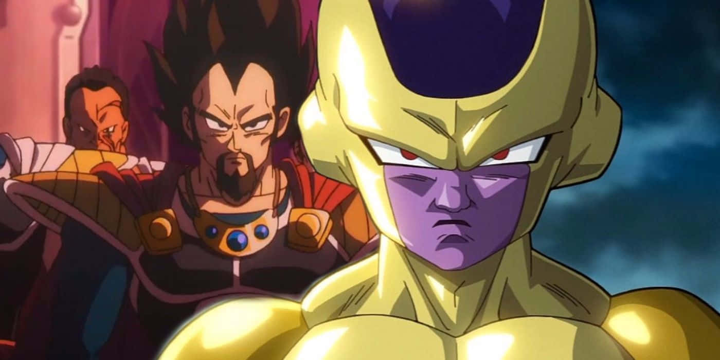 Vegeta And Frieza 桌布 壁紙 — 金髮菲利斯威嚇地站在前景，身後有比達和另一名戰士的動畫戰鬥場景。