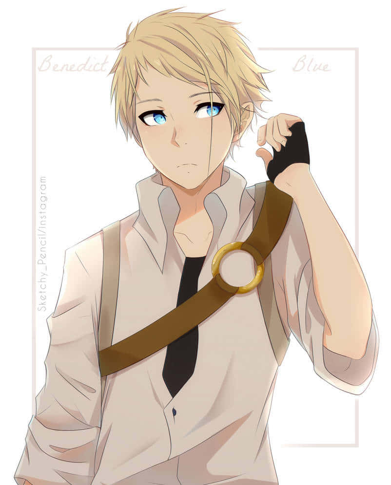 Benedict Blue 桌布 壁紙 — 金髮藍眼動漫男孩穿著米色襯衫、黑色領帶和帶有金色環的棕色肩帶。