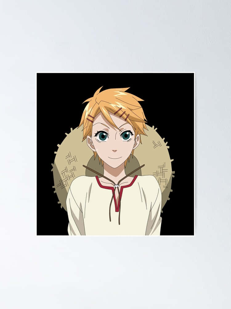 Finnian 桌布 壁紙 — 金髮藍眼動漫角色在黑色背景後方有編織圓形圖案下溫柔微笑。