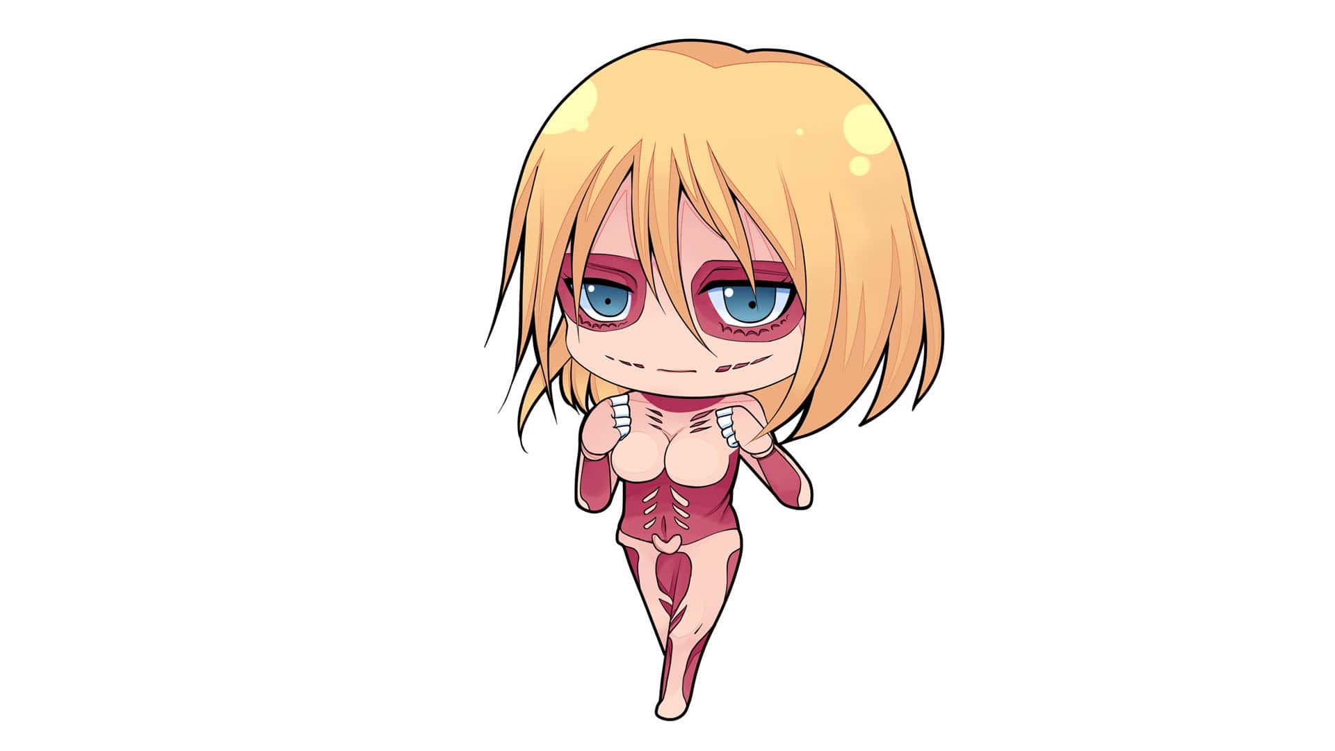 Female Titan 桌布 壁紙 — 金髮藍眼的Q版動漫女孩，穿著紅色束腰風格服裝，背景為純白色。