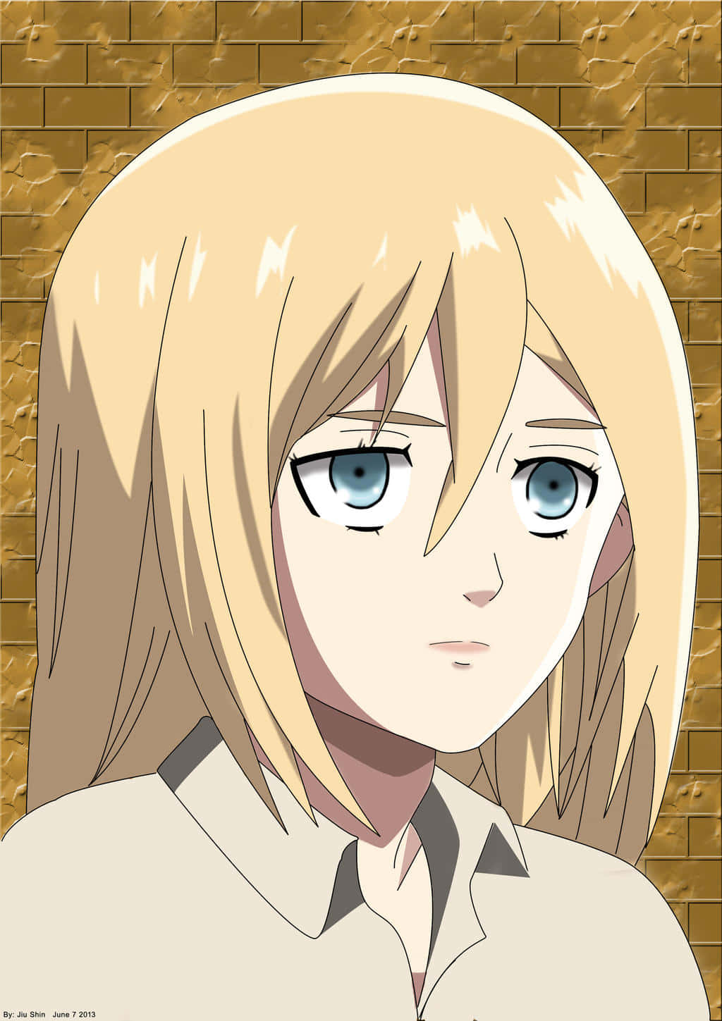 Historia Reiss 桌布 壁紙 — 金髮藍眼的動漫女孩，在紋理金磚牆背景下向前凝視。