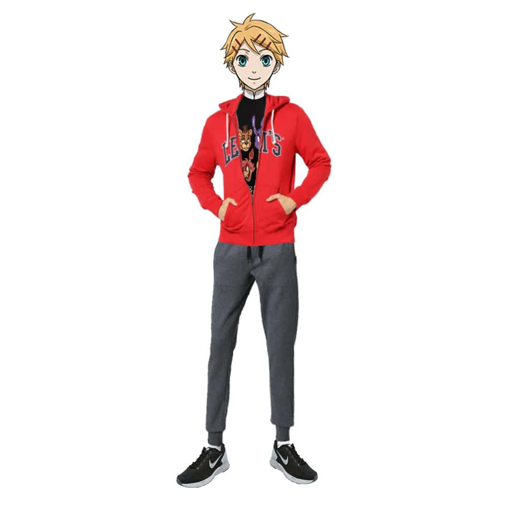 Finnian 桌布 壁紙 — 金髮藍眼的動漫男孩自信地站在白色背景前，身穿紅色連帽衫和灰色運動褲。