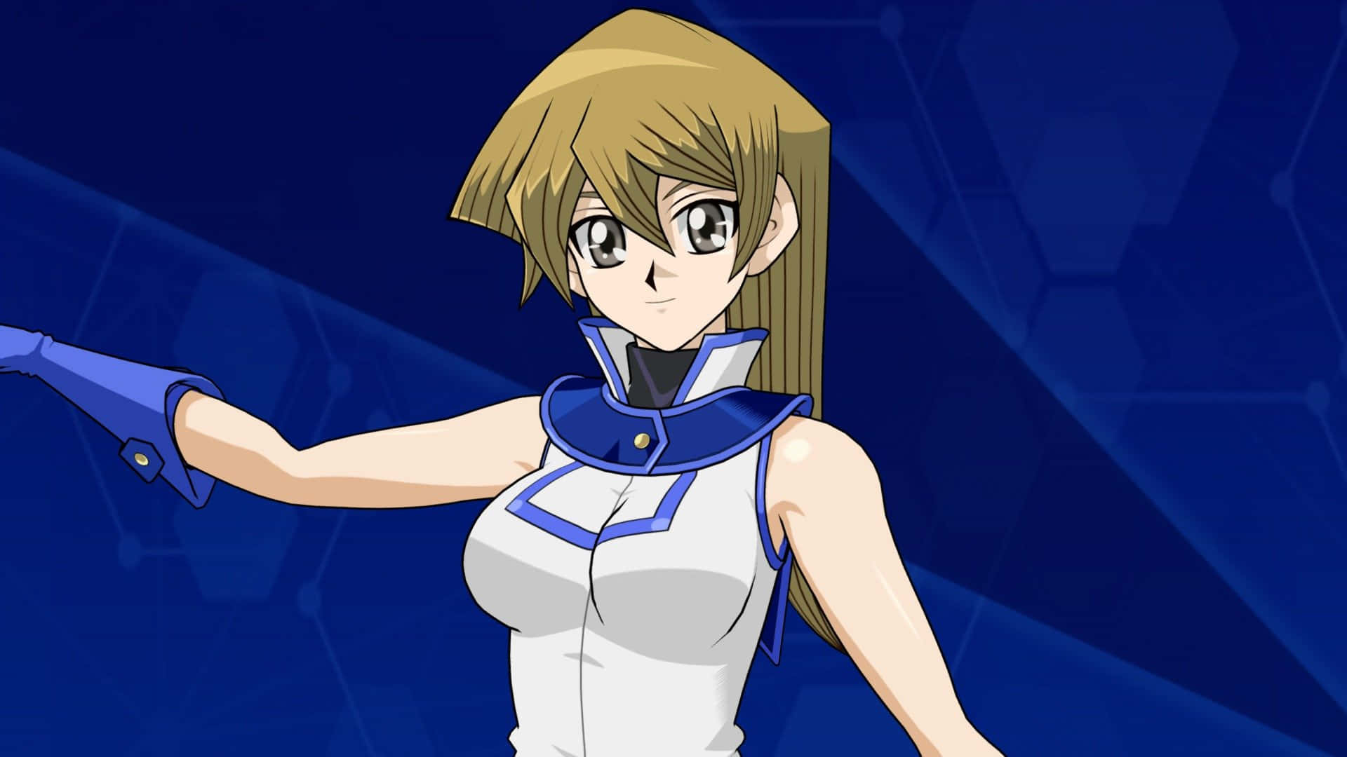 Alexis Rhodes 桌布 壁紙 — 金髮藍衣的動漫女孩，在深藍色六邊形背景前伸出手臂。