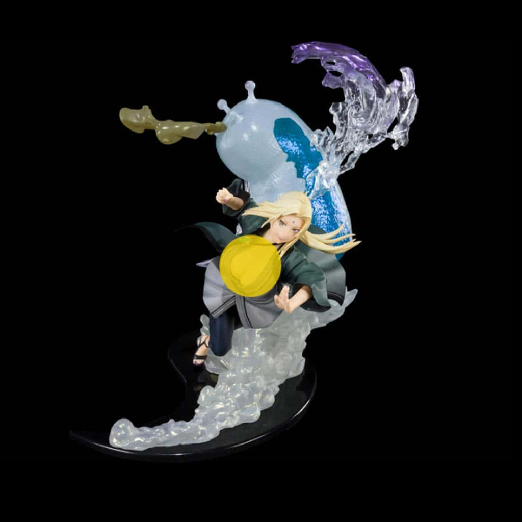 Katsuyu 桌布 壁紙 — 金髮角色使用水遁忍術的動漫人偶，在黑色背景上呈現動態水花效果。