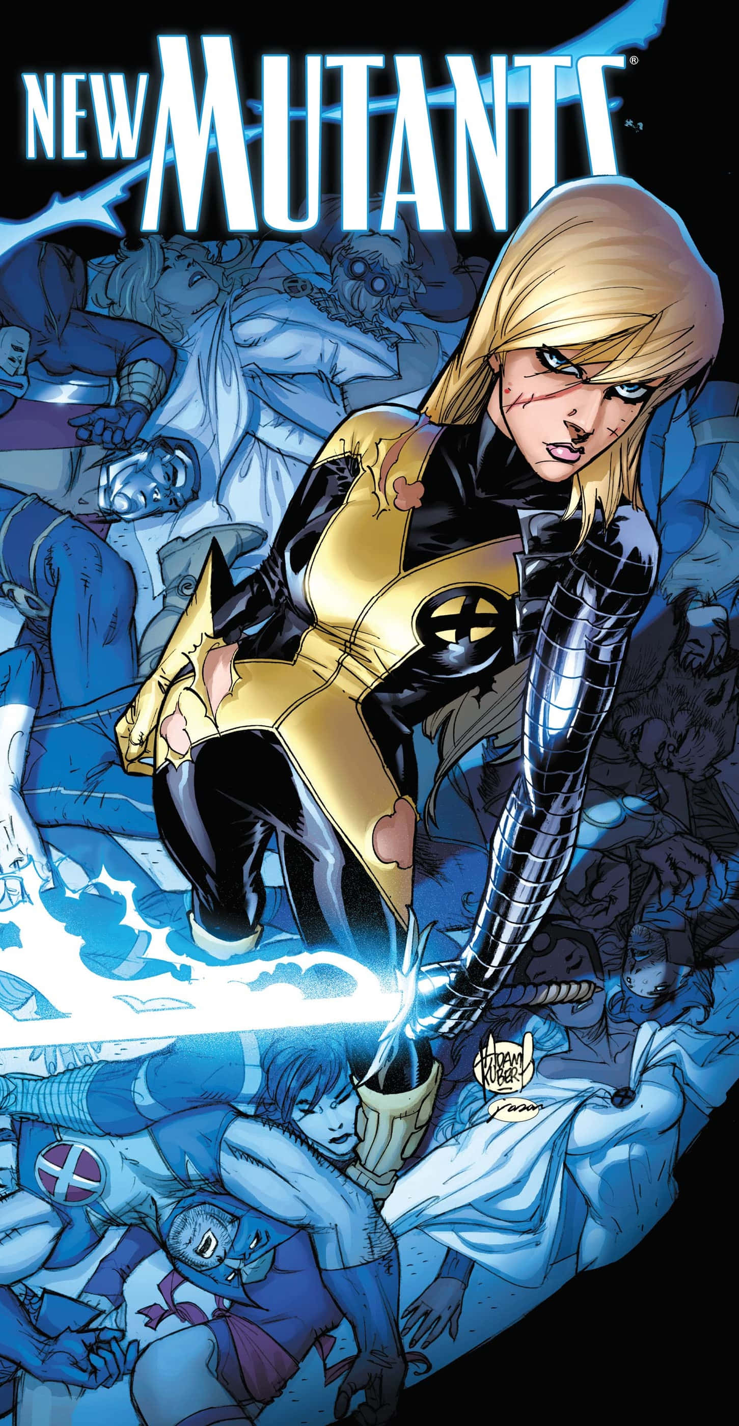 Mutants 桌布 壁紙 — 金髮變種人穿著金色和黑色套裝，以漫畫風格向倒下的隊友釋放藍色能量爆炸。