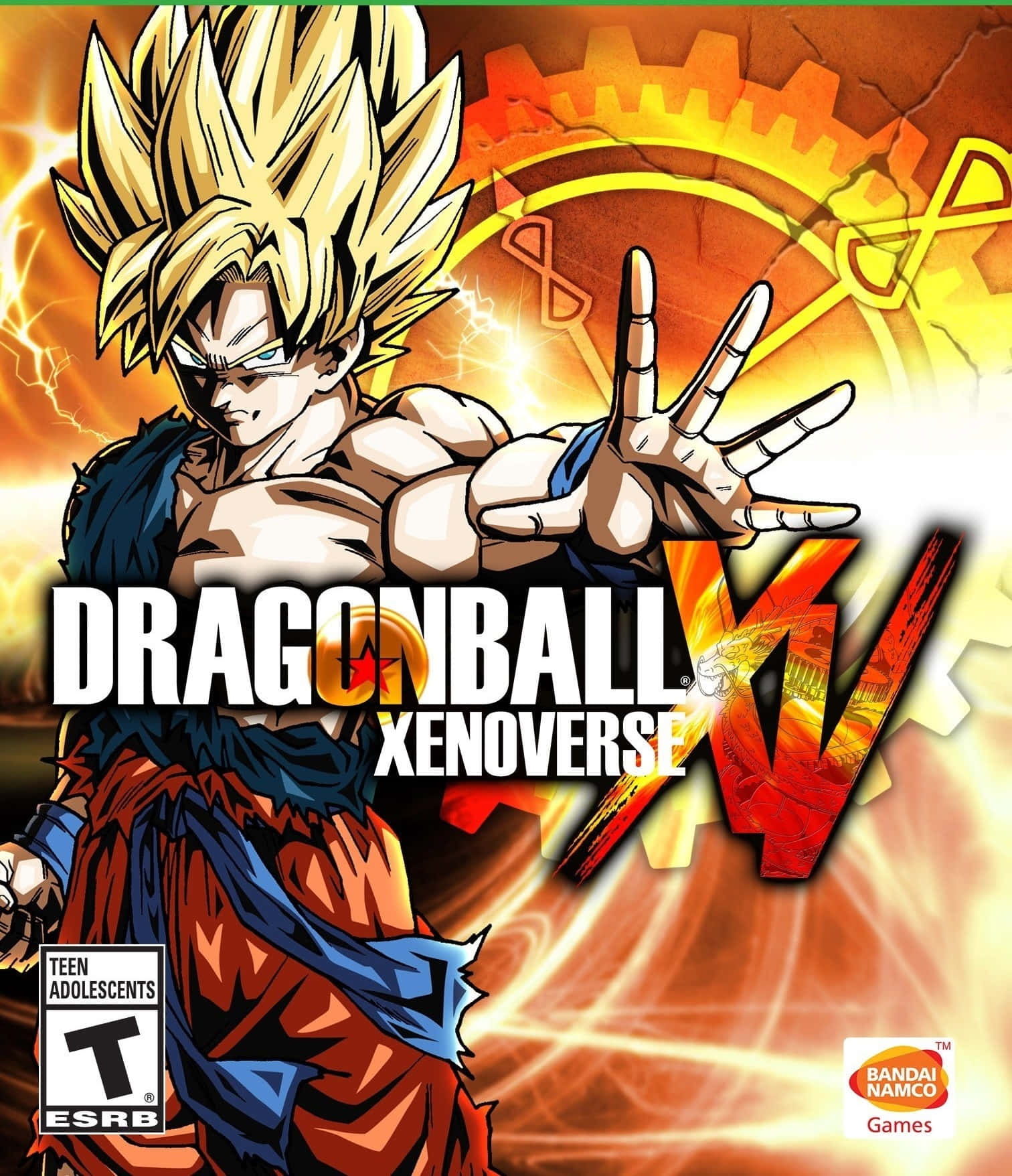 Dragon Ball Xenoverse 2 桌布 壁紙 — 金髮超級撒亞人悟空在火焰齒輪背景下擺出戰鬥姿勢，並帶有龍珠超宇宙標題。