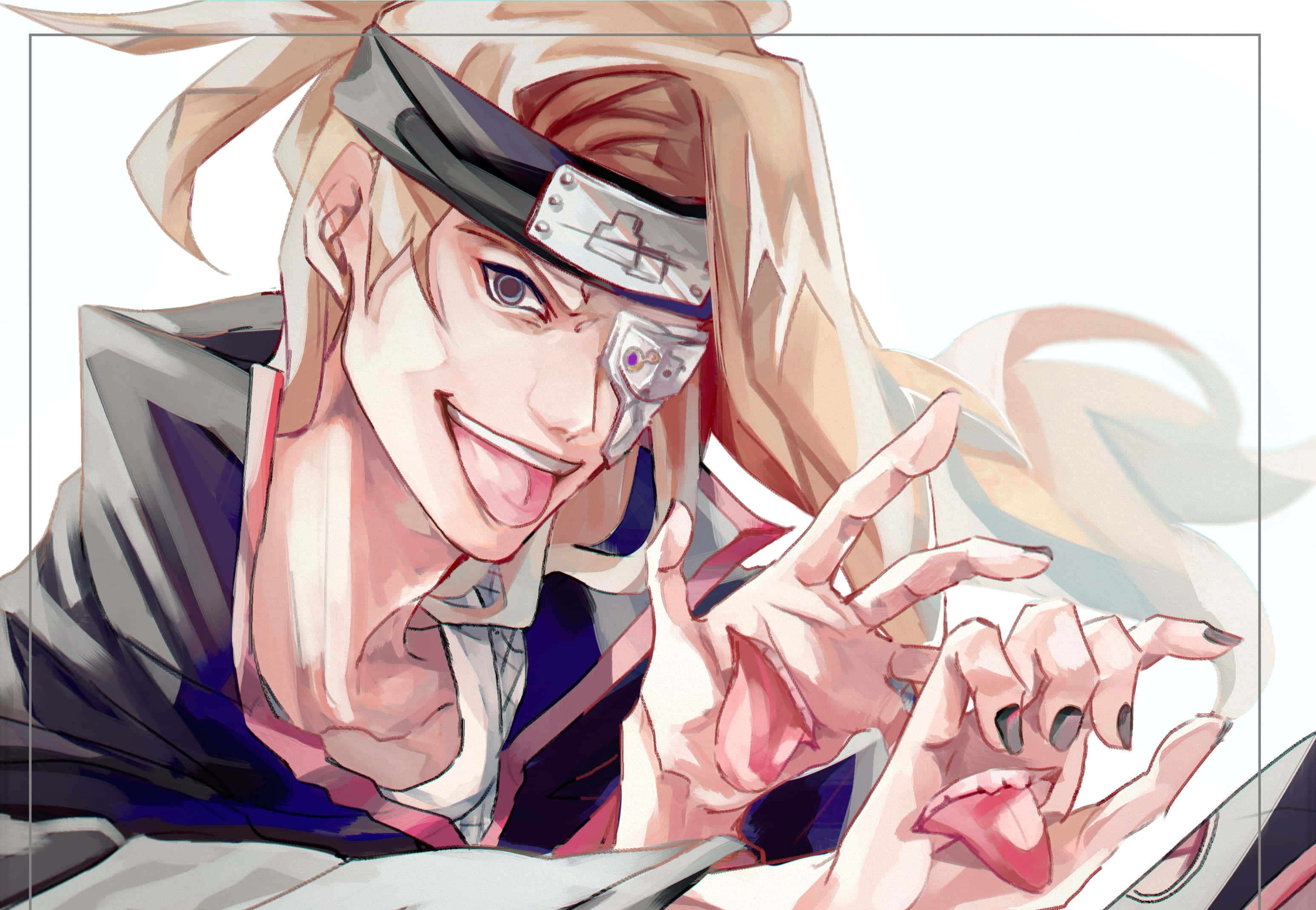 Akatsuki X Deidara 桌布 壁紙 — 金髮金屬眼罩的動漫角色，一邊做出俏皮的手勢，一邊頑皮地咧嘴笑。
