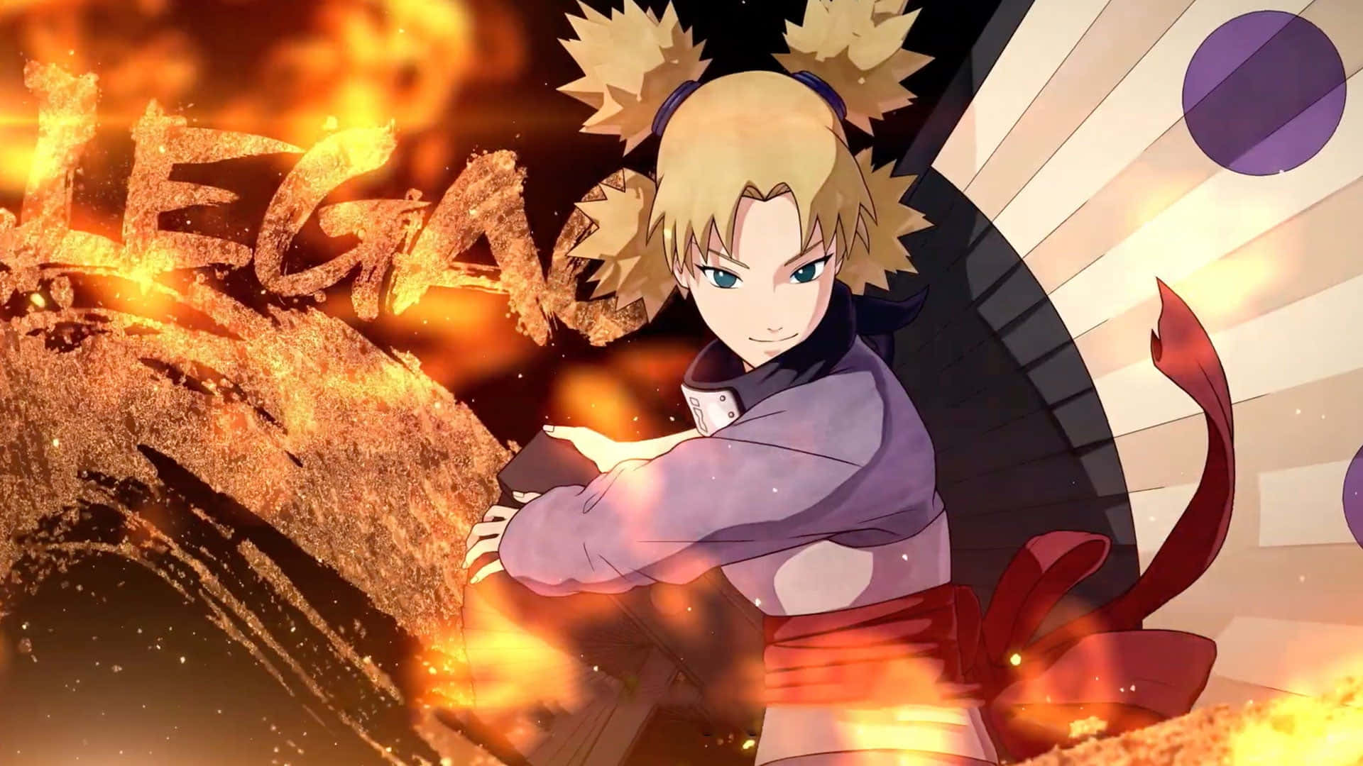 Temari 桌布 壁紙 — 金髮雙馬尾的動漫角色自信地站在熾熱的橙色火焰和發光文字之中。