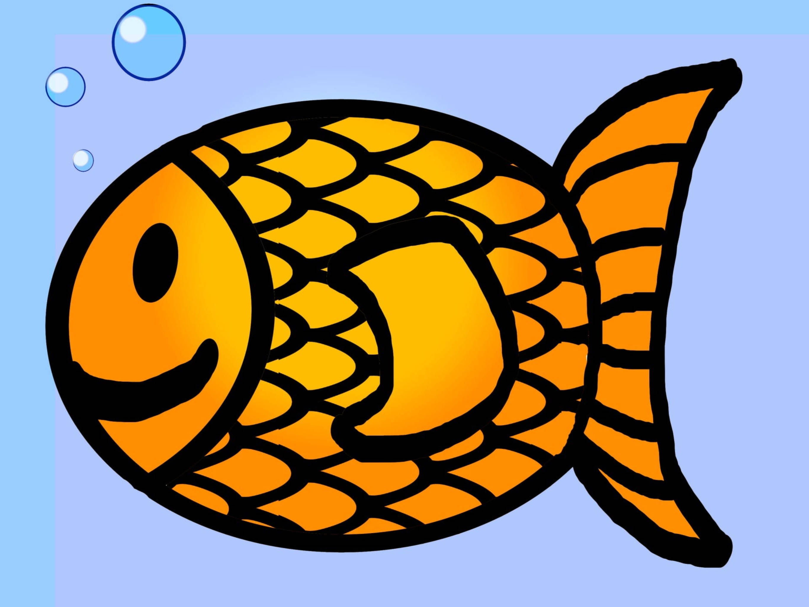 金魚數位繪畫 壁紙 — 一條快樂的橙色卡通魚，帶著笑臉，在淺藍色的水中游泳，附近有氣泡升起。