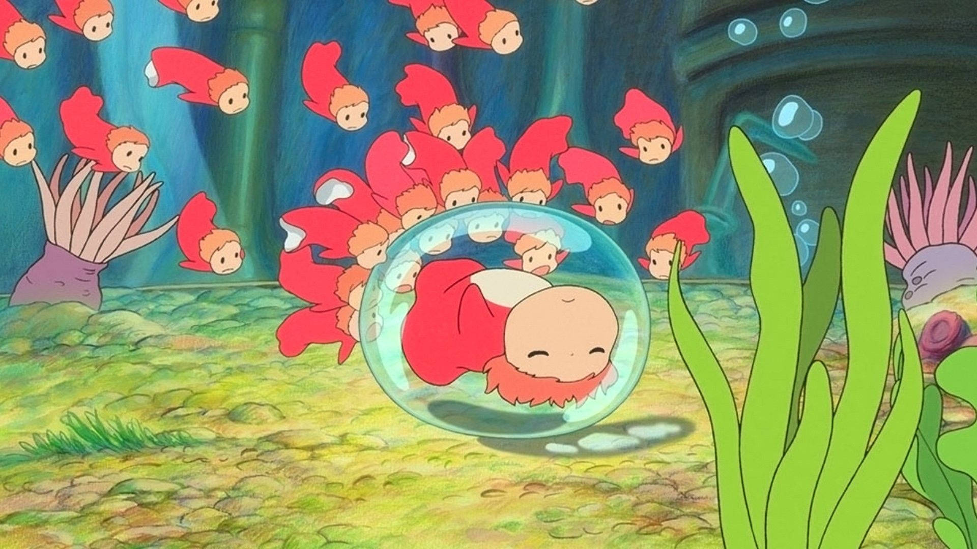 金魚波妞與兄弟姐妹 壁紙 — 一個寧靜的水下場景，一個孩子在玻璃泡泡中，被紅髮魚群圍繞，周圍有綠色海藻和珊瑚。
