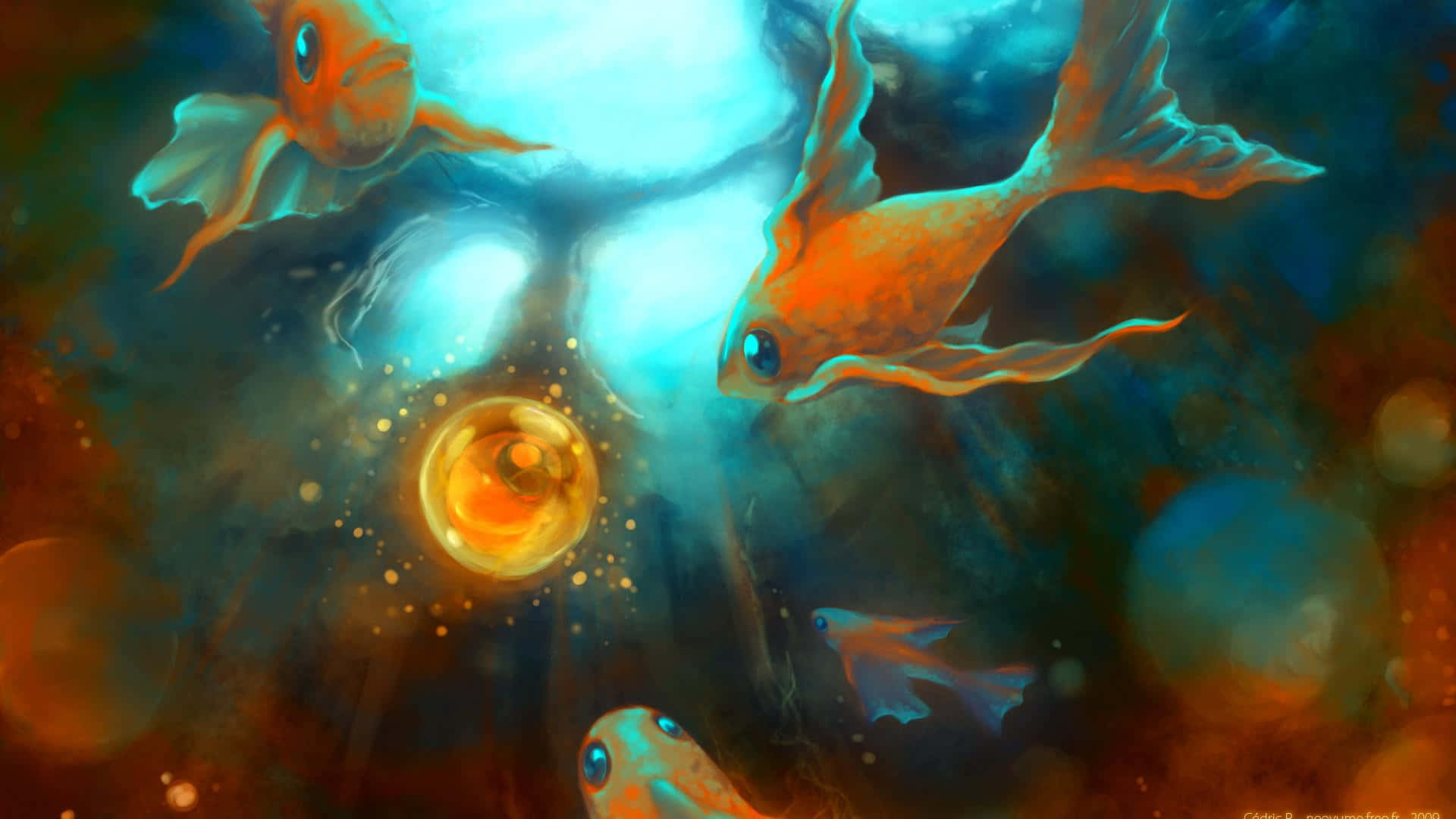 橙色魚在發光的宇宙場景中滑行，周圍有漂浮的球體和燦爛的藍光。
