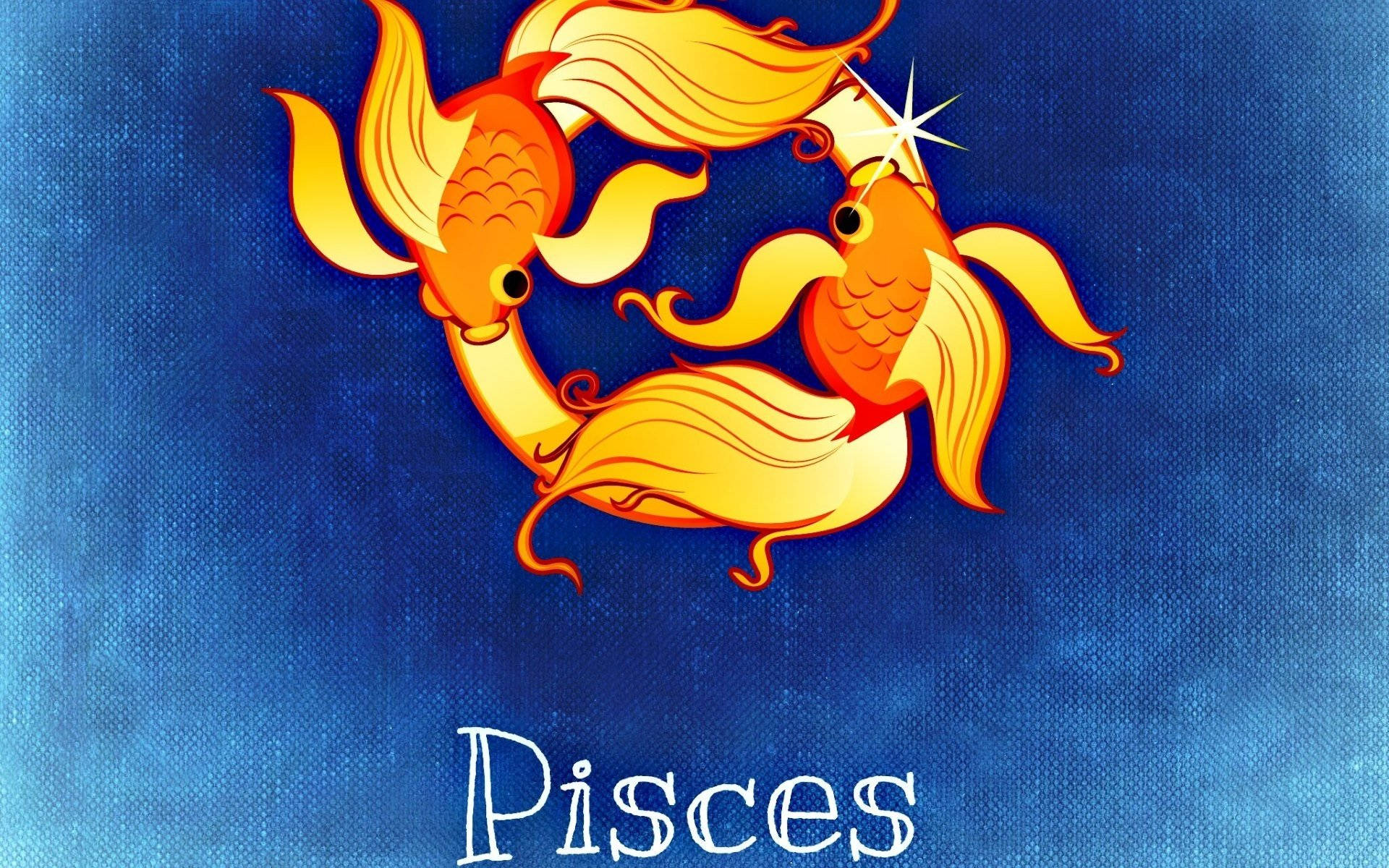 金魚雙魚座符號 壁紙 — 兩條風格化的橙色魚在帶有紋理的藍色背景上繞圈游動，下方有Pisces字樣。