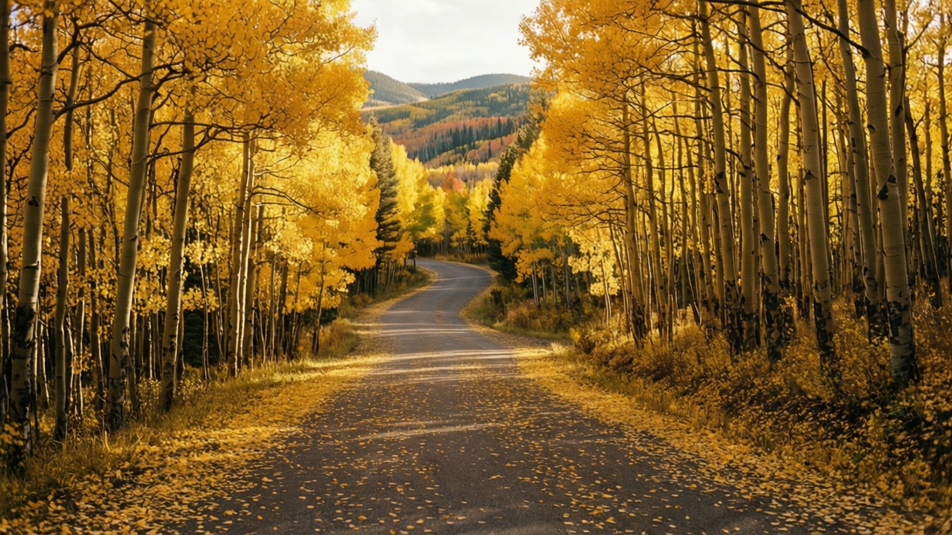 蜿蜒的道路穿過秋日森林中金色的白楊樹，背景有山脈。