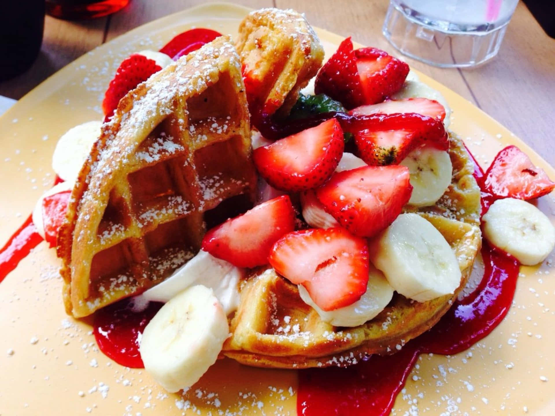 Waffle 桌布 壁紙 — 金黃色窩夫配上新鮮草莓、香蕉、忌廉和草莓糖漿，撒上糖霜。