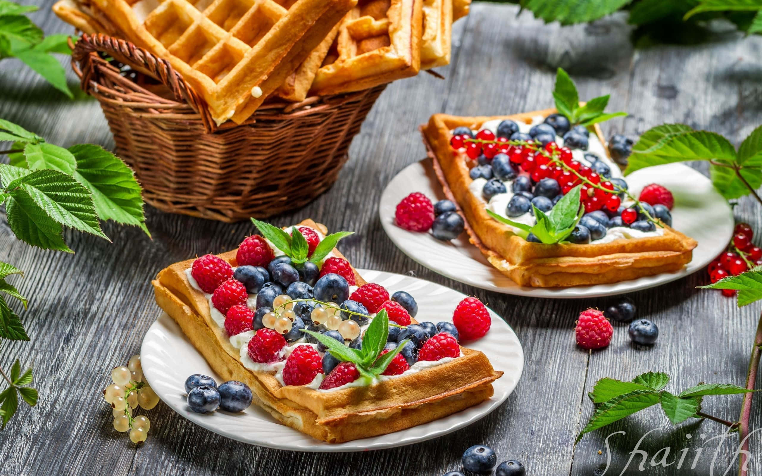 Waffle 桌布 壁紙 — 金黃色窩夫配上新鮮莓果和忌廉，放在碟上，旁邊有一個籃子，置於鄉村風木桌上。