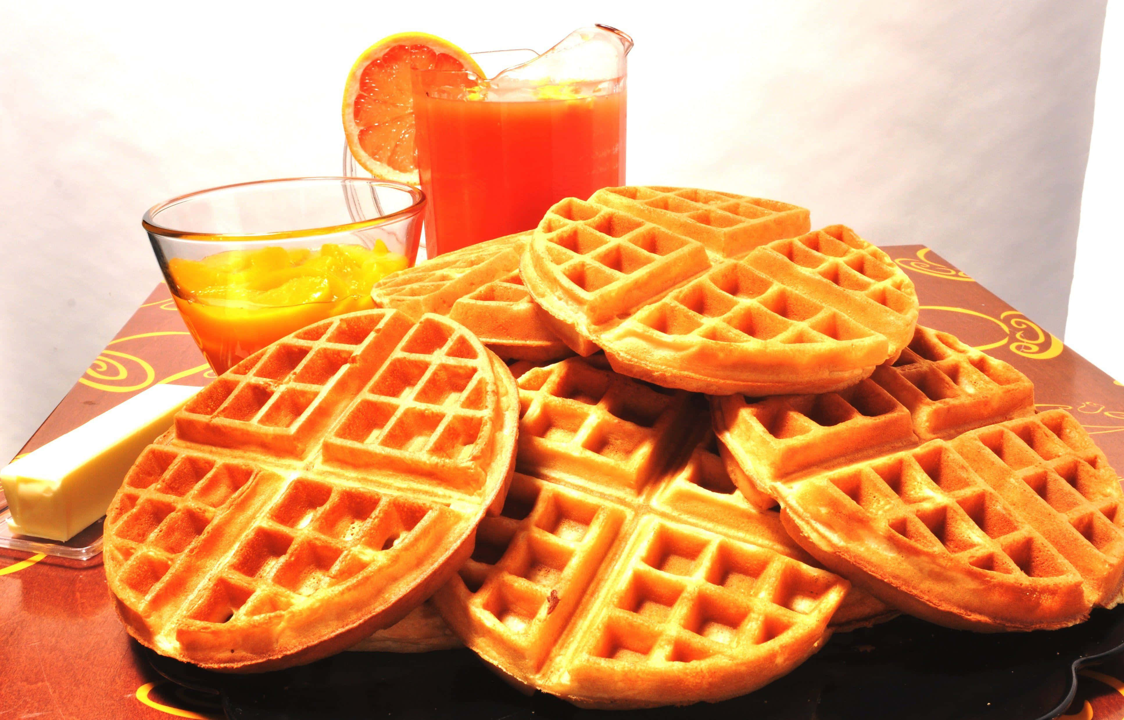 Waffle 桌布 壁紙 — 金黃色窩夫高高疊起，配上牛油糖漿和橙汁，營造明亮的早餐場景。